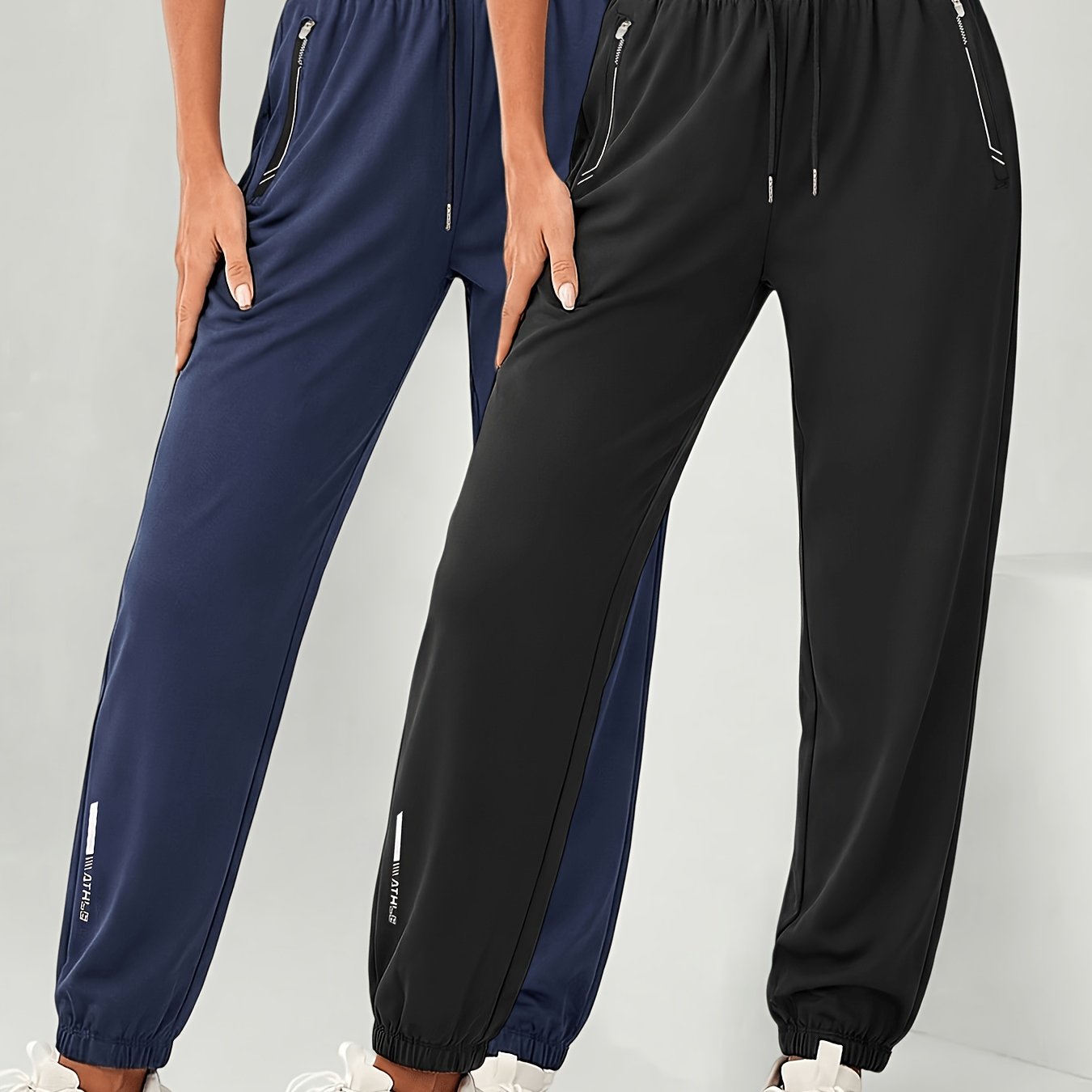 TEMU 2pcs Women's Quick-dry Running Pants - Zipper Pockets And Adjustable Drawstring Waistband - Solid Color Straight Athletic Trousers, Suitable For