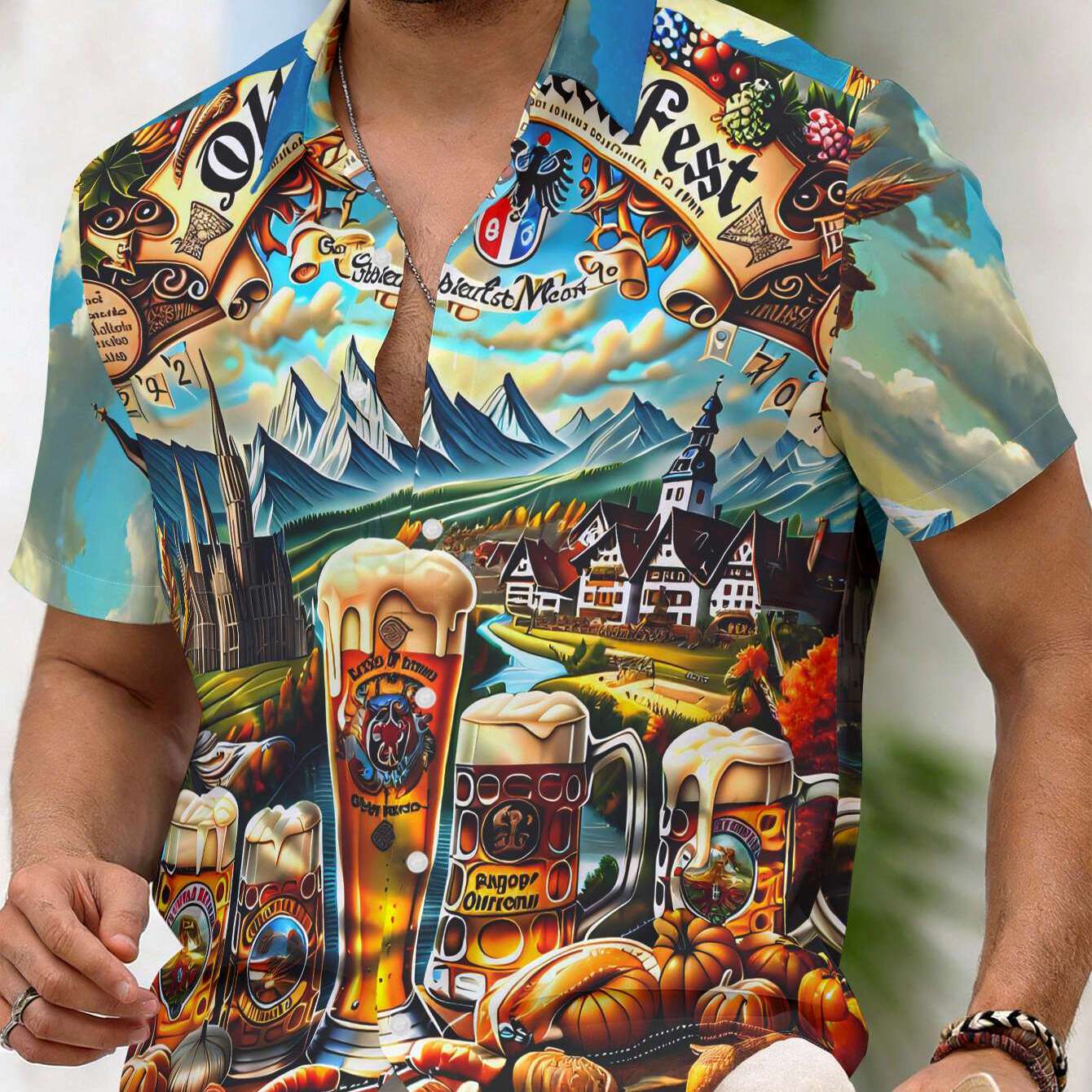TEMU Men's Casual Short Sleeve Shirt, German Autumn Scenery And Oktoberfest Bounty Pattern, Machine Washable , Fashion Button-up Shirt