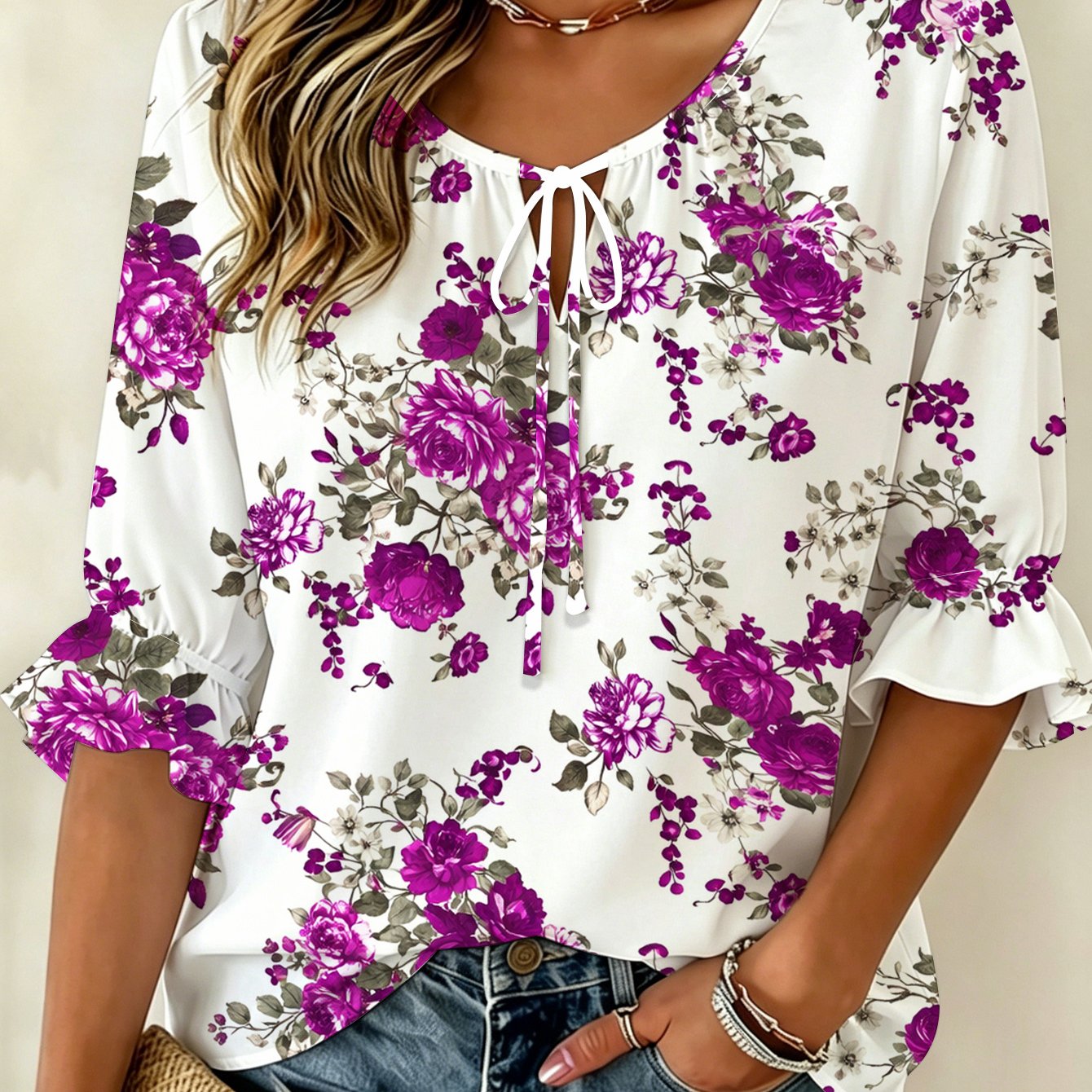 Image of Plus Size, Women's Vintage Color-block Floral Print Fashionable Round Neck Three-quarter Sleeve Shirt Elegant Purple And White Artistic Print Romantic Tummy-covering Dress Dating And Afternoon Tea