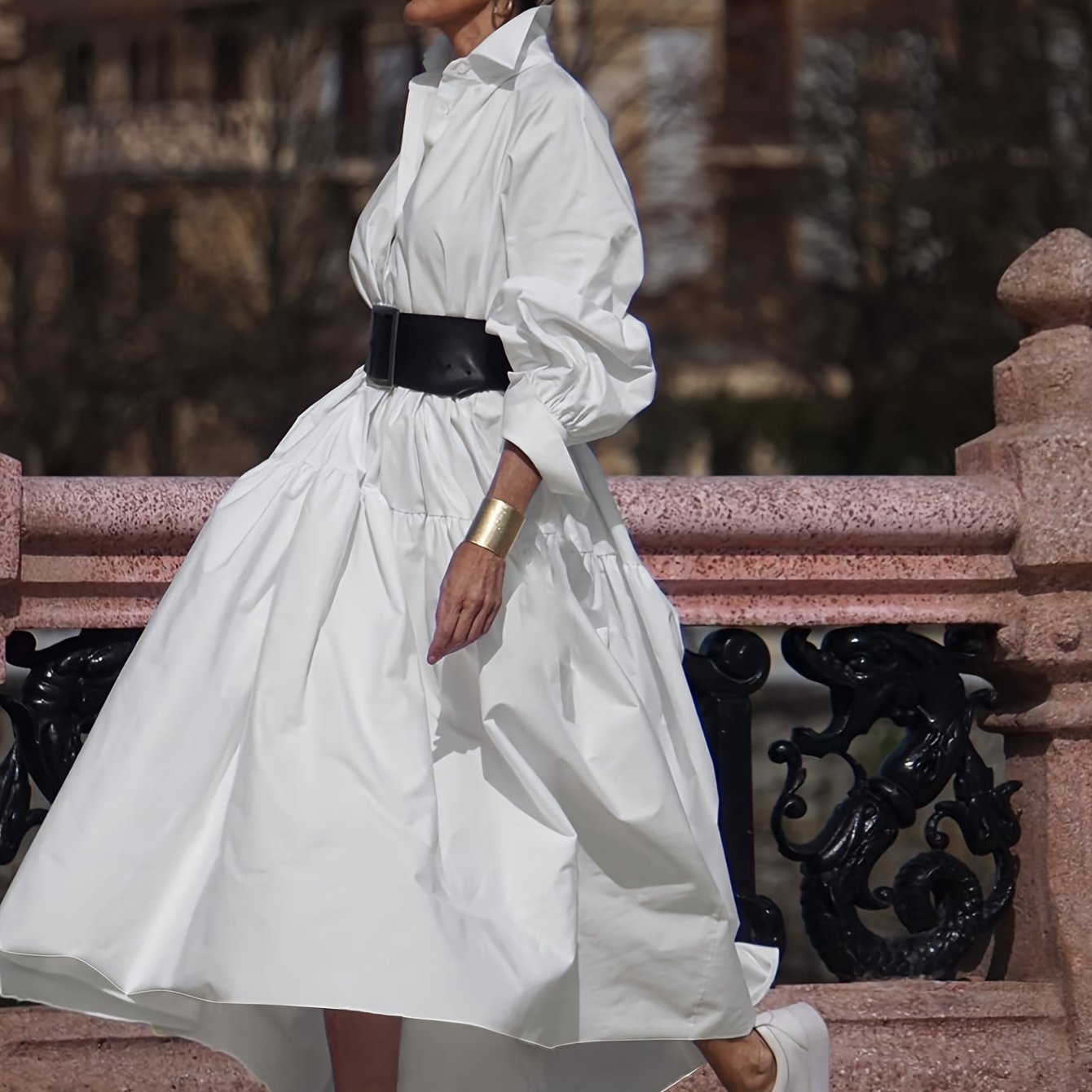 E-shop Damen Elegantes Kragen-Knopfleiste Kurzer Rücken A-Linien Maxikleid - Uni-Farben Langarm Büro Hochzeitsgastkleid, Maschinenwaschbar
