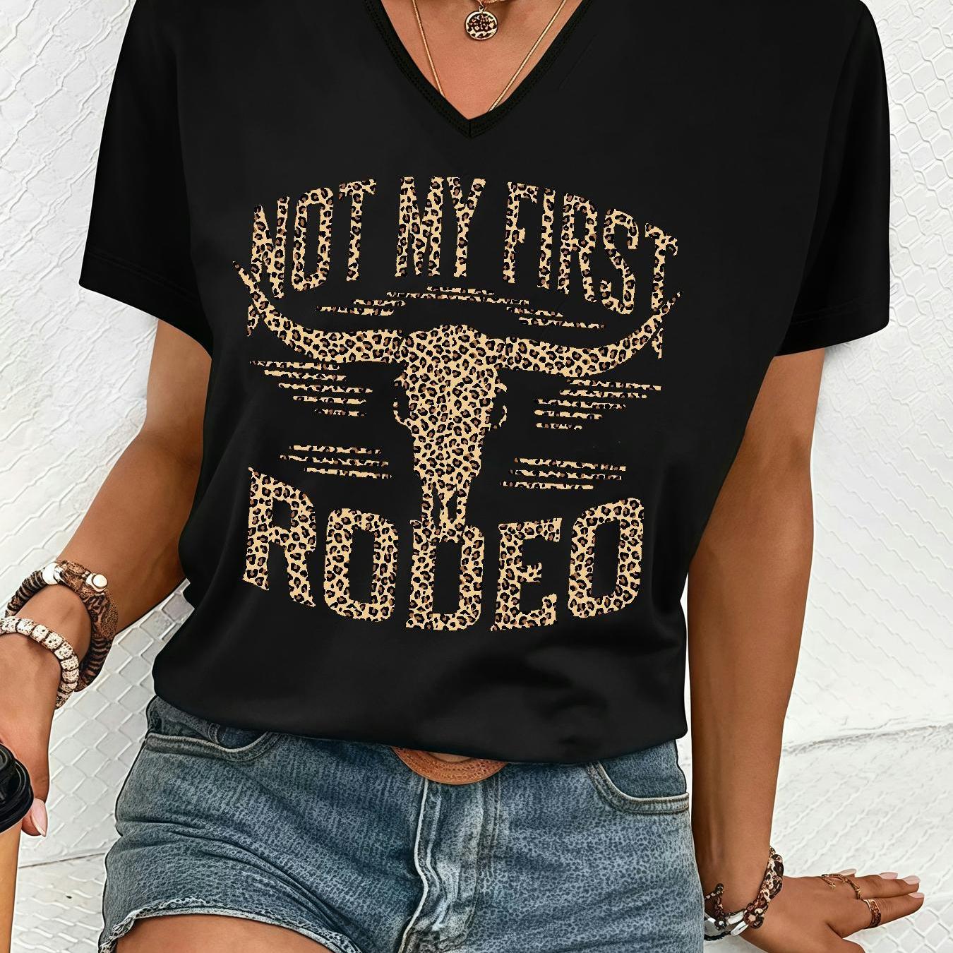 TEMU Plus Size, Women's Plus Size Oversized V-neck T-shirt - Western Cowgirl Rodeo Print With Bull Skull & "not Rodeo" Slogan, Short Sleeve Casual