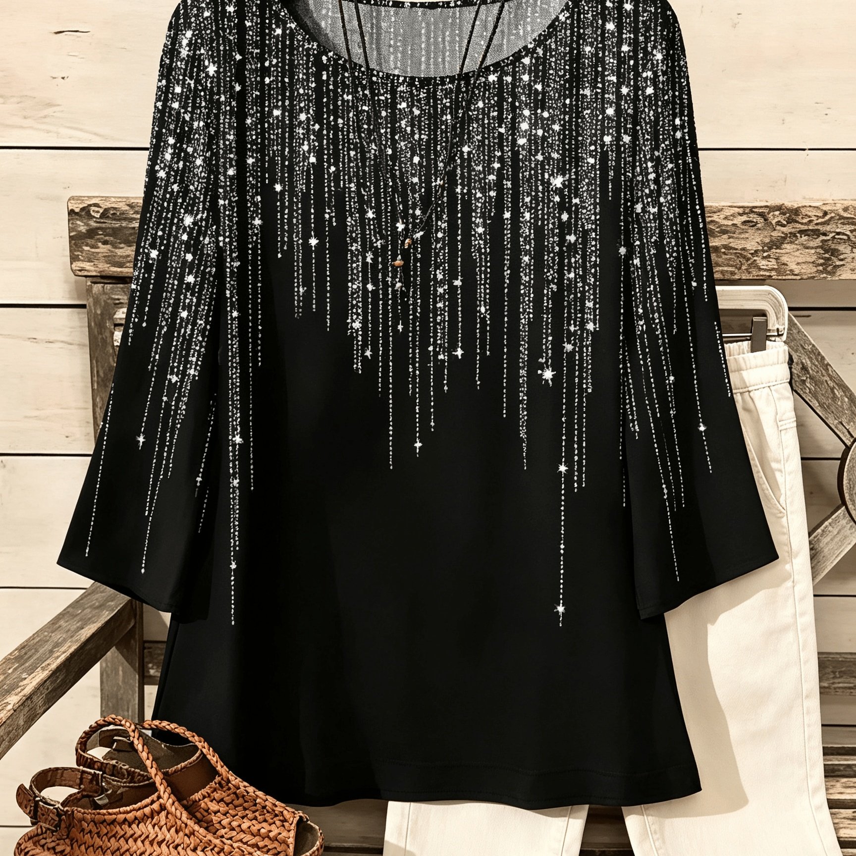 TEMU Plus Size - Women's Black Placement Print Blouse, 3/4 Sleeve Round Neck Loose Casual Top