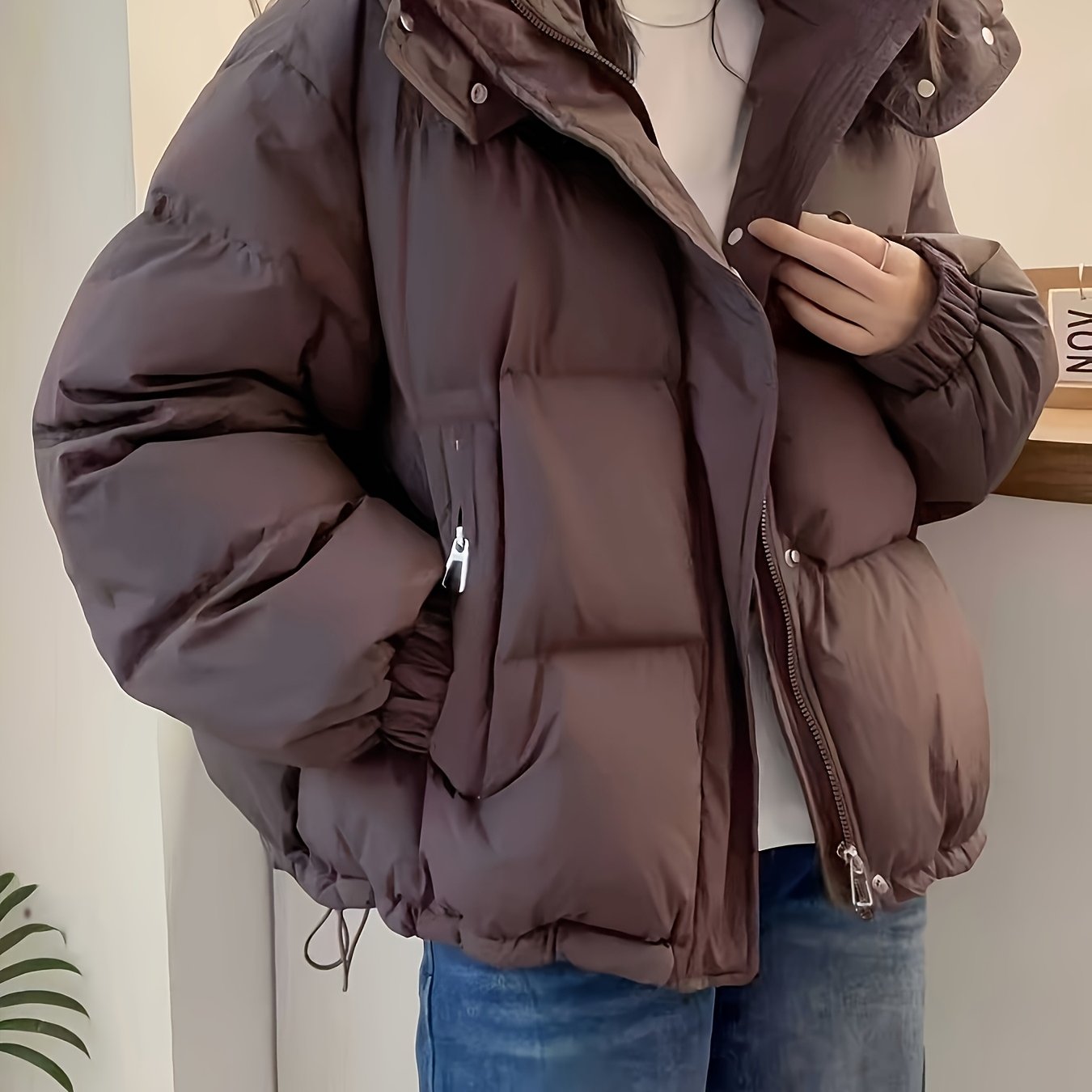 TEMU Coffee-colored Short Hooded Jacket Women's Autumn Winter Quilted Loose Bread Coat Zipper Cargo Pockets Elastic Cuffs Drawstring Hem Petite