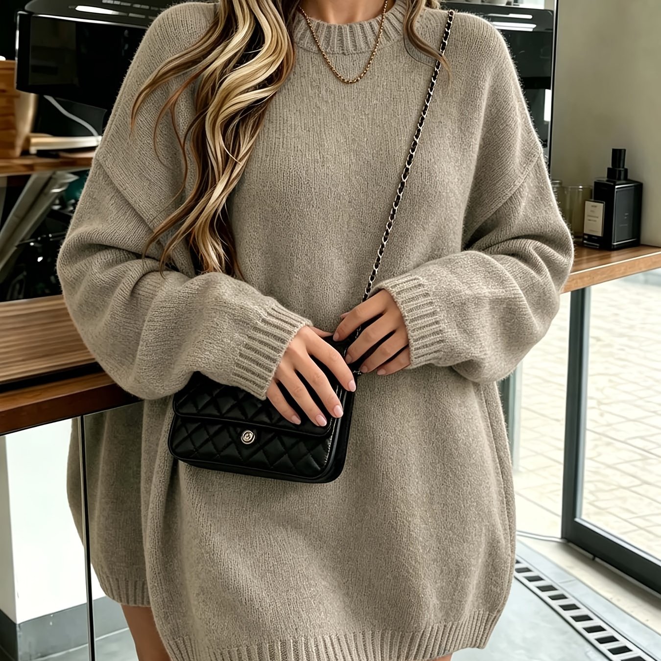 TEMU Women's Autumn Winter New Pullover, Round Neck Loose Sweater With Floral Yarn Texture, Casual Lazy Style Top