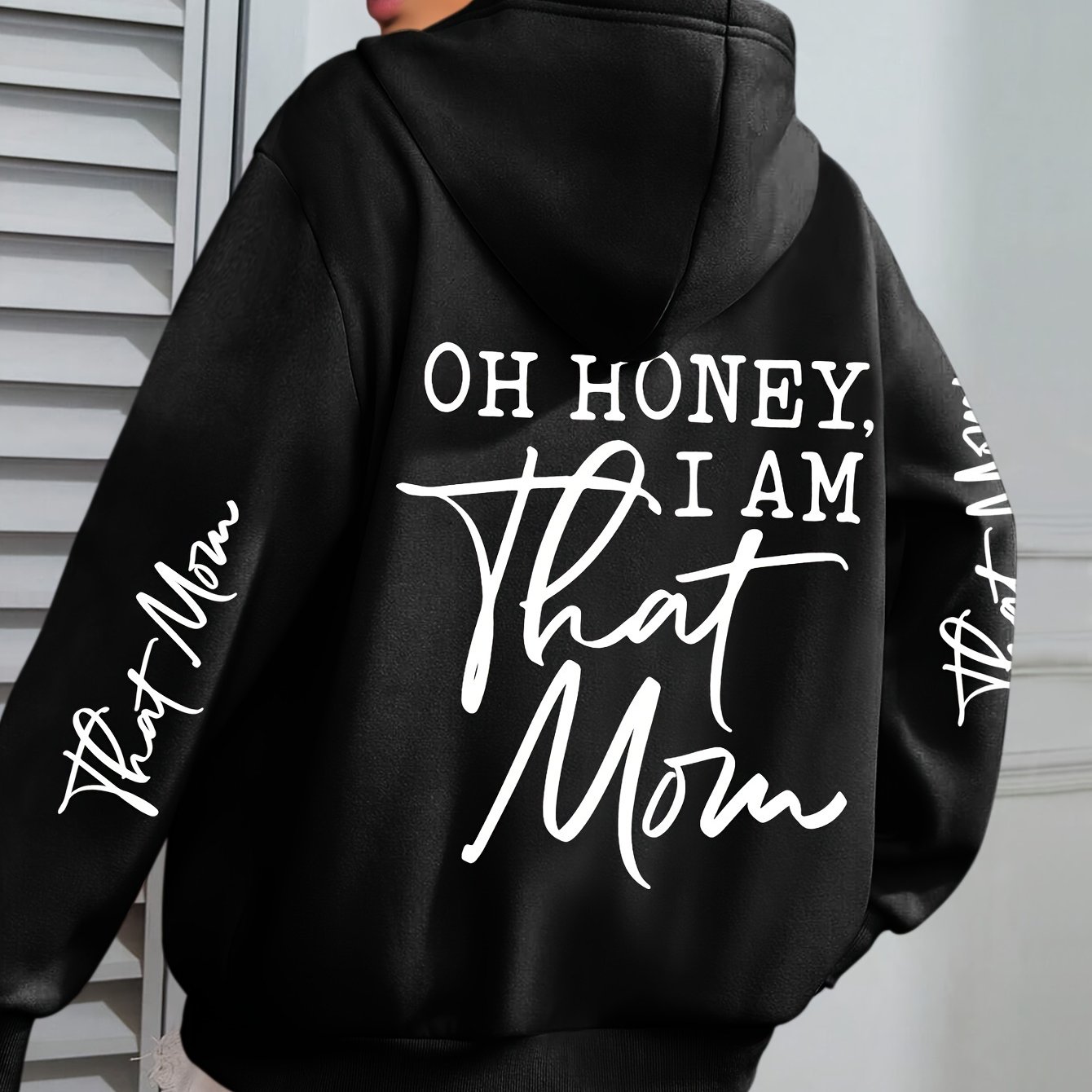 TEMU Plus Size, Plus Size Mom Print Hoodie, Casual Long Sleeve With Pocket Hooded Sweatshirt For Winter & Fall, Designed For Women, Women's Plus Size