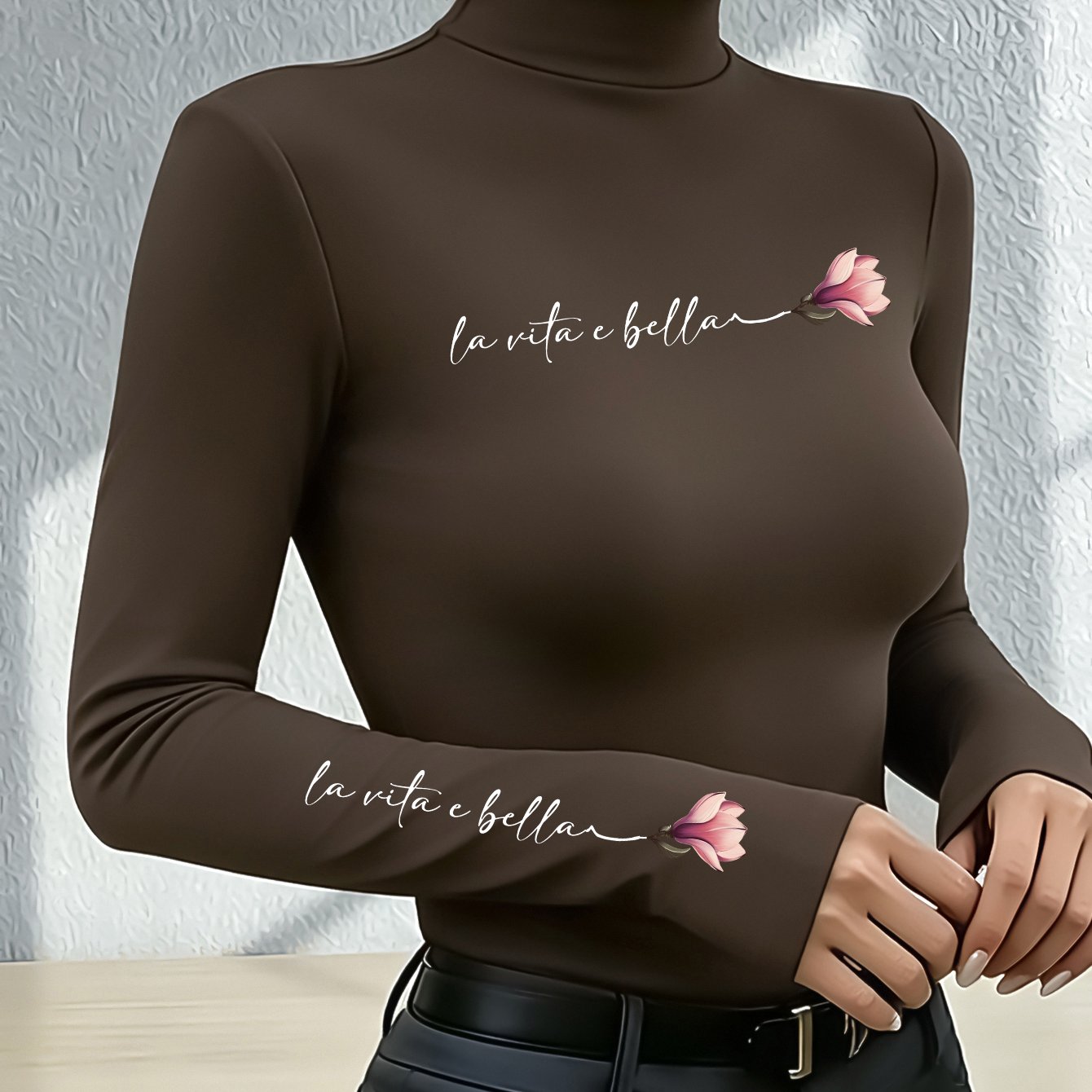 TEMU New Style High-neck Thickened Base Layer, Printed Top, Y2k Women's T-shirt, Slim-fit Flattering Base Layer, Casual Commuting Versatile Women's