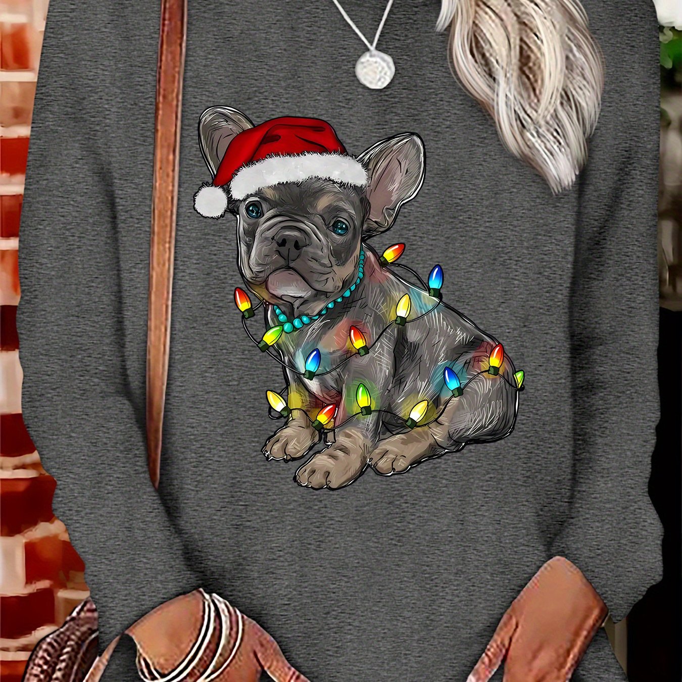 TEMU Christmas Wearing Santa Hat French Bulldog Christmas Lights Pattern Casual Party Loose Cute Fashion Home Casual Round Neck Long Sleeve Top