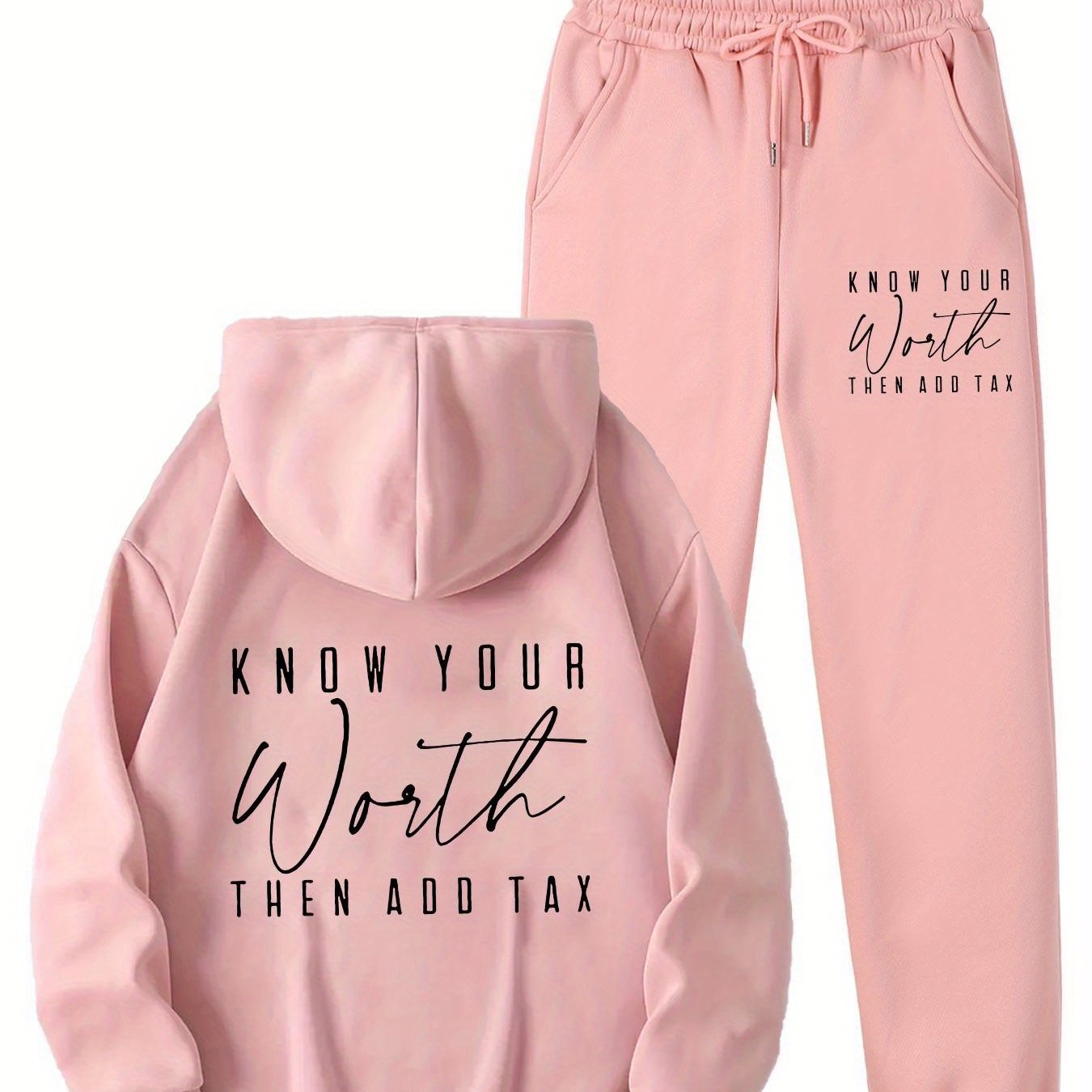 TEMU Letter Print -lined Autumn/winter Women's Sweatshirt Set, Fashion Drawstring Kangaroo Pocket Sweatshirt Set, Women's Outfit
