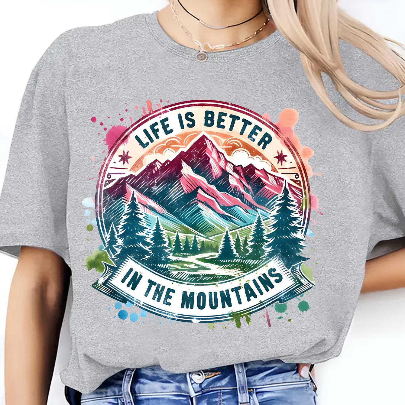 TEMU Women's Casual Short Sleeve T-shirt - " Better In The Mountains" Graphic Print, Vibrant Geometric Mountain Landscape Design, Breathable Stretchy
