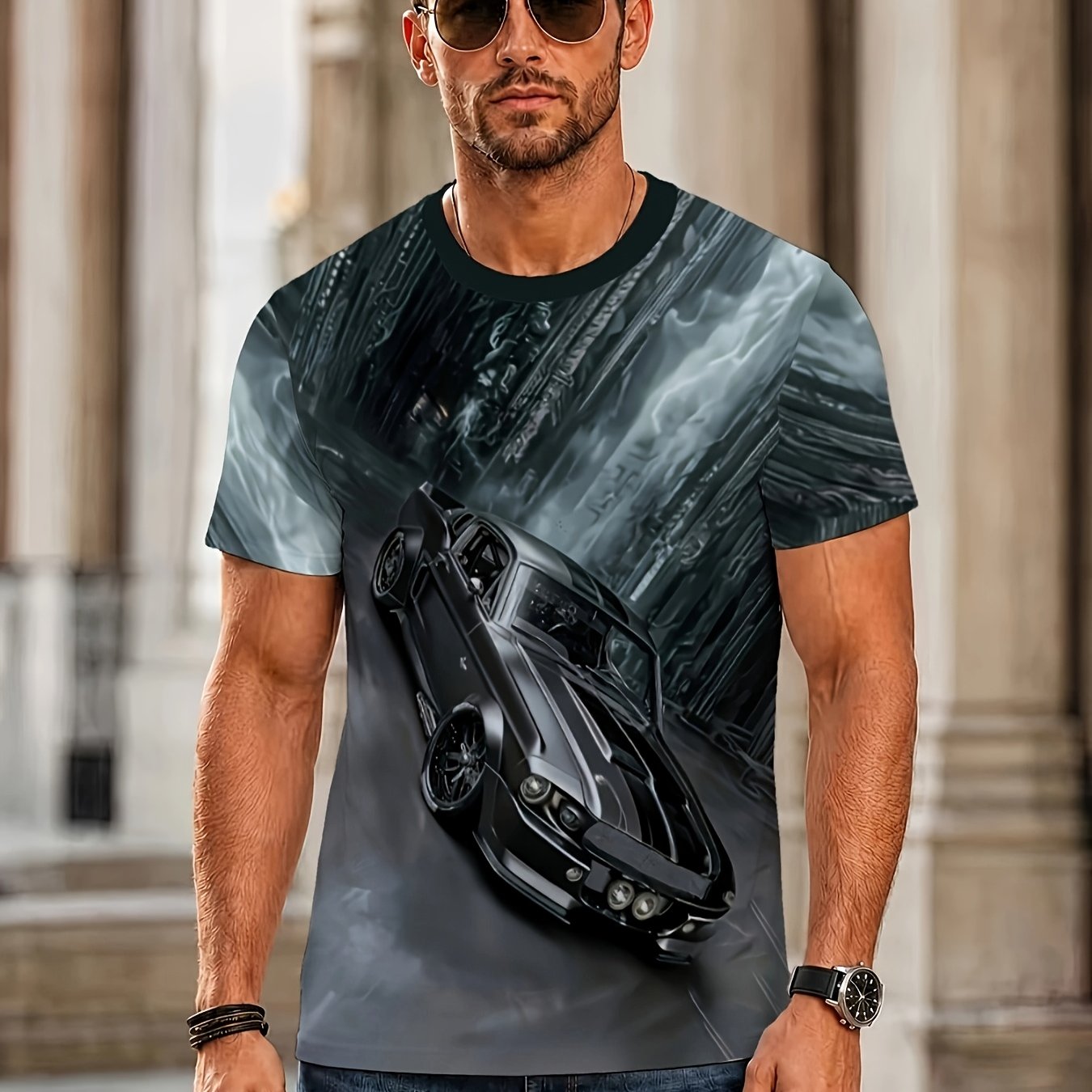 TEMU [printed Design- Not Textured] Men's Fashion T-shirt Men's Summer Short-sleeve T-shirt With Car Print - Lightweight Fabric, Gray-black, Suitable