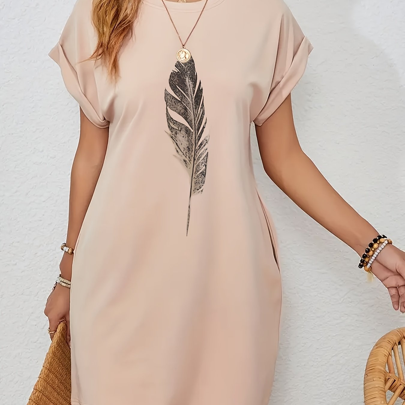 TEMU Printed Solid Batwing Sleeve Hidden Pocket Dress