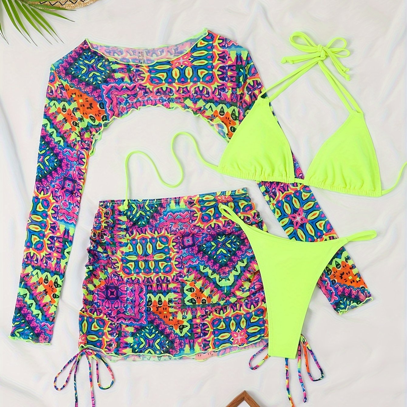 E-shop Bikini-Set mit Cover-Up | Spaghetti-Träger, hochelastisches Material, zufälliges Druckmuster