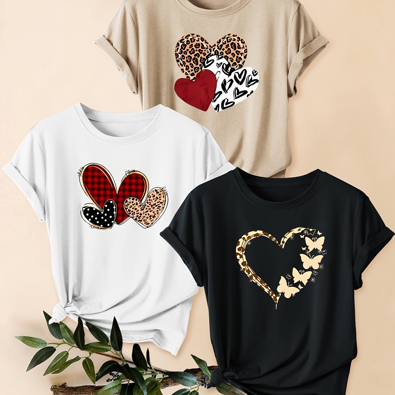 TEMU Three-piece Set Of Women's Easy Short-sleeve T-shirts Featuring A Leopard Print, Checkered Heart Combination, Round Neck, , Loose Fit, Summer