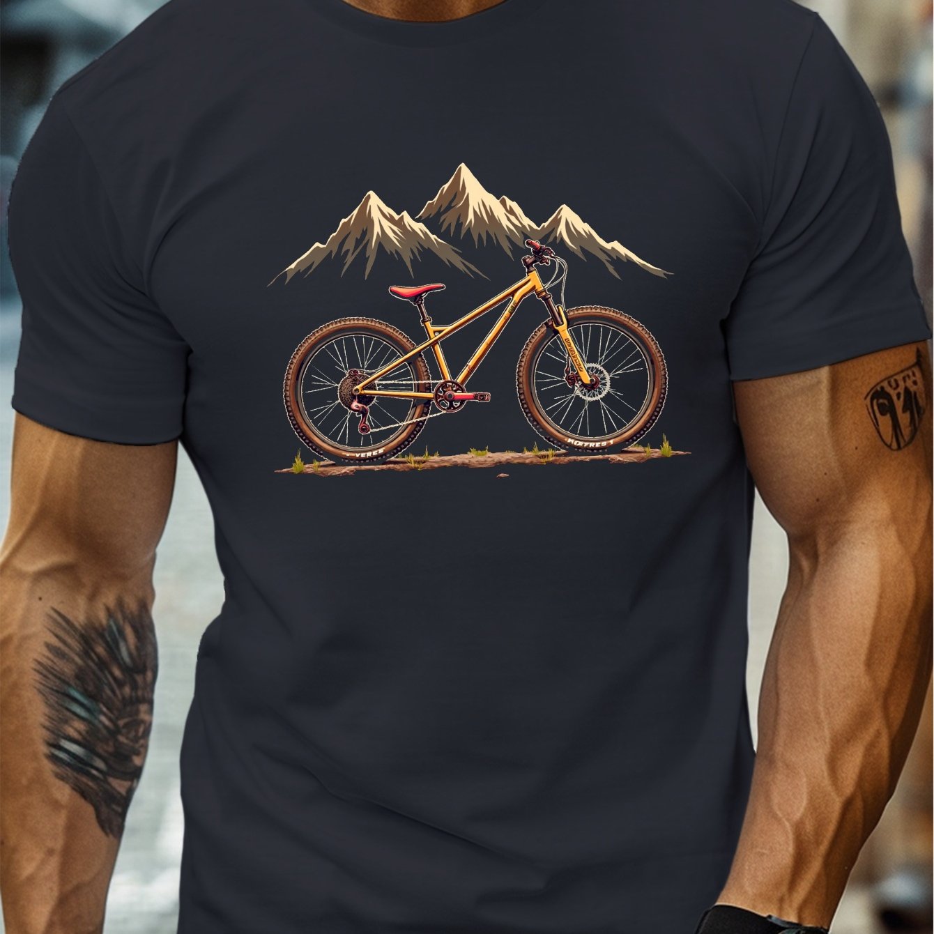 TEMU Mountain Bike Adventurous Theme Print, Men's Round Crew Neck Short Sleeve Tee, Casual T-shirtcasual Comfy Lightweight Top For Summer