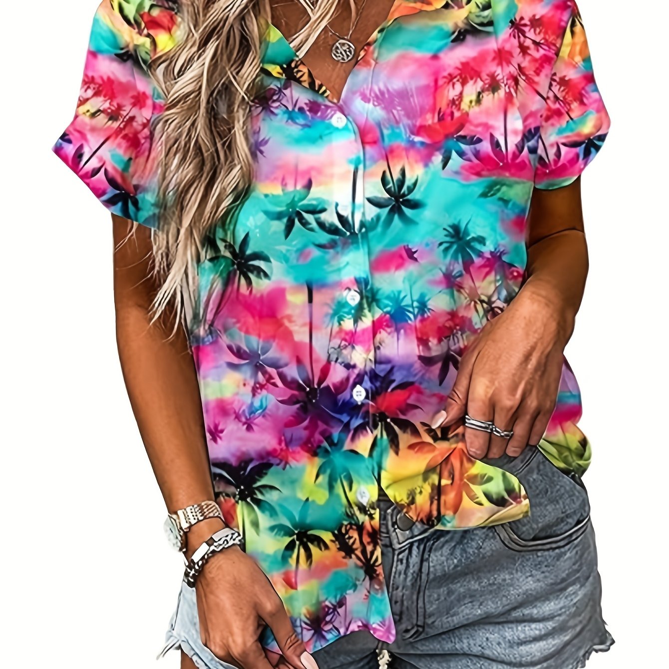 TEMU [printed Design - Not Textured] Women's Pretty Short-sleeve Shirt, Gradient Sunset Coconut Tree Print, Versatile Top For Beach
