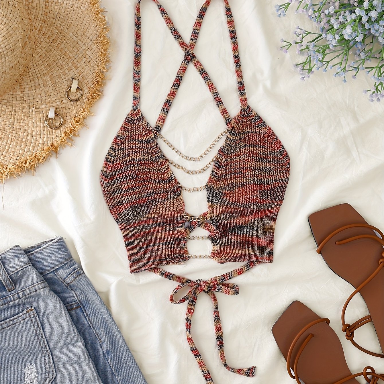 Random Gradient Color Sexy Chain Strap Fabric Vest Top