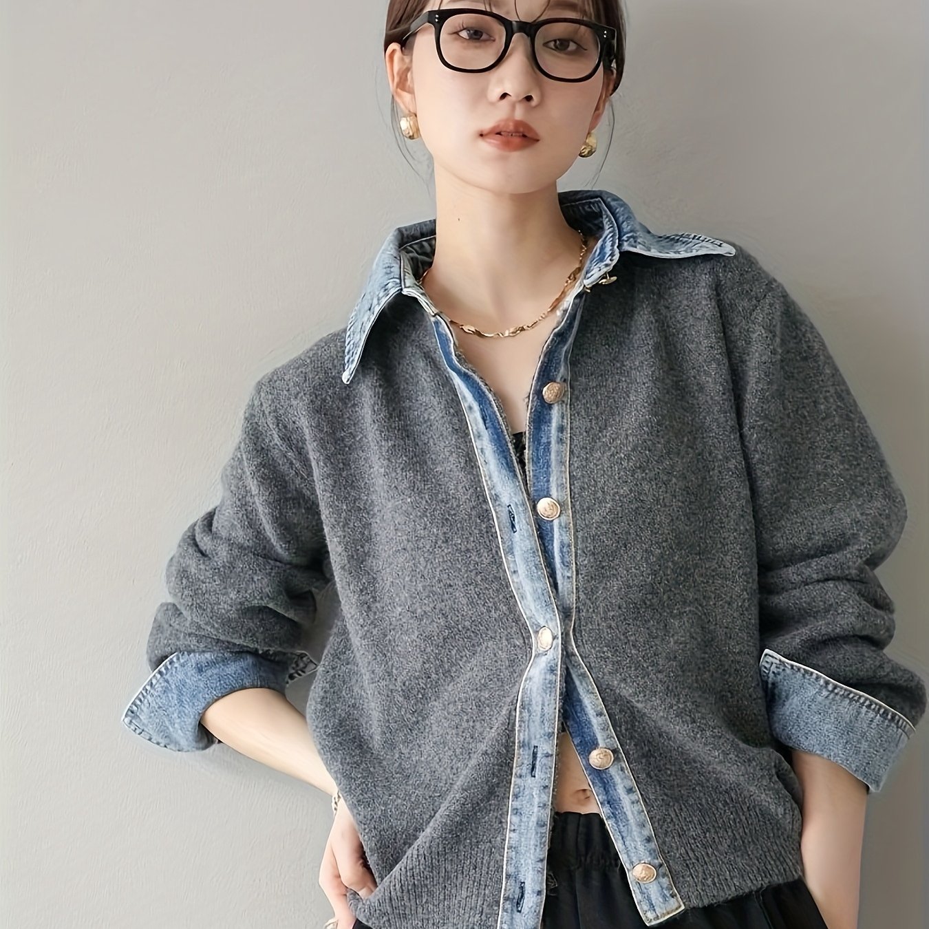 TEMU 【レディース】グレー デニム カーディガン | 秋冬向けルーズ フェイクツーピース トップス | なデザインの万能ジャケット