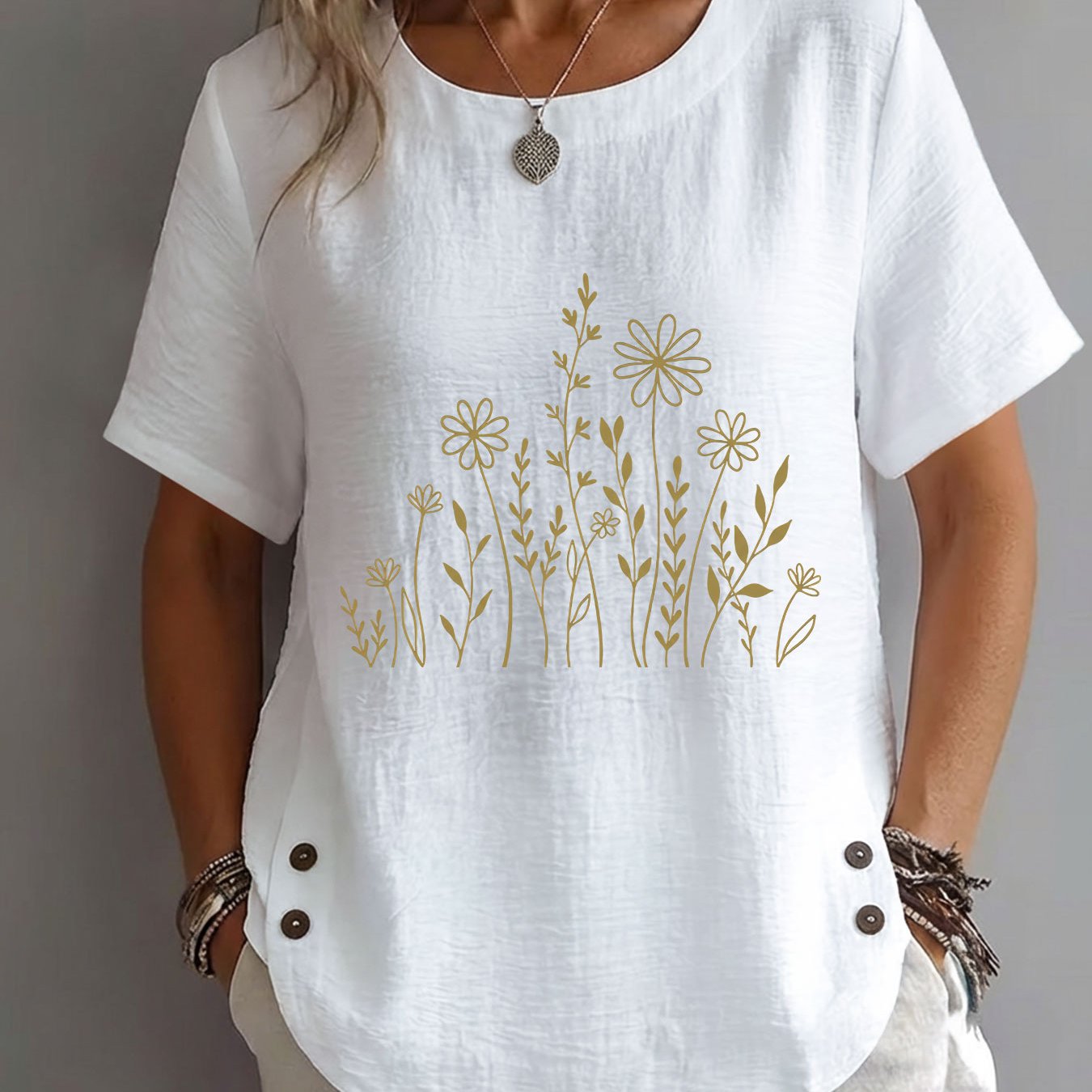 TEMU Blusa de mujer para /verano, estilo , floral y , rama y hoja, estampado lineal, elegante, , casual, cuello , manga corta, ropa de mujer