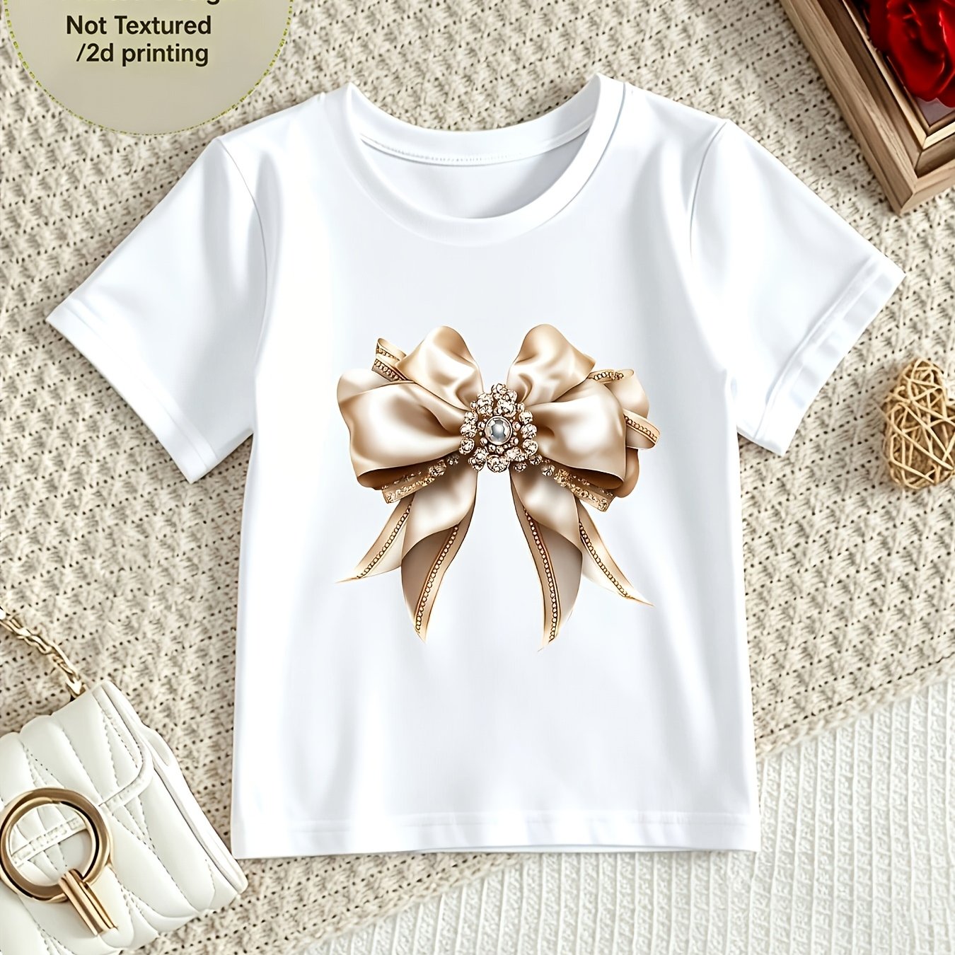 1pc Girls' Short-sleeve T-shirt With Cartoon Bow Print. Made From Soft And Comfortable Fabric, Suitable For Outdoor Casual Wear And Daily Outfits