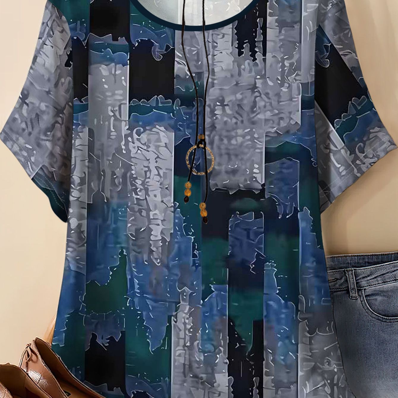 TEMU Women's Plus-size Vintage Printed Short-sleeve T-shirt, Loose And Casual Summer Top, Stylish And Versatile, Flattering And Concealing