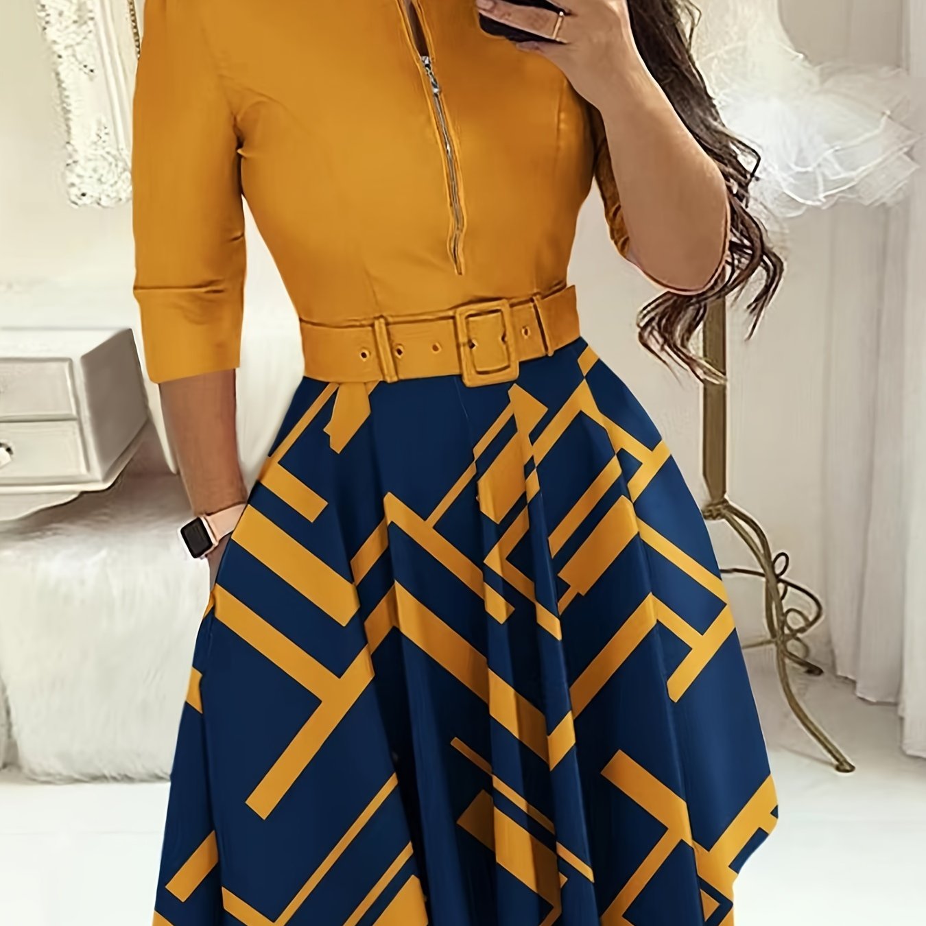 Geometric Dress, Casual Half-zipper 3/4 Sleeve V-neck Dress