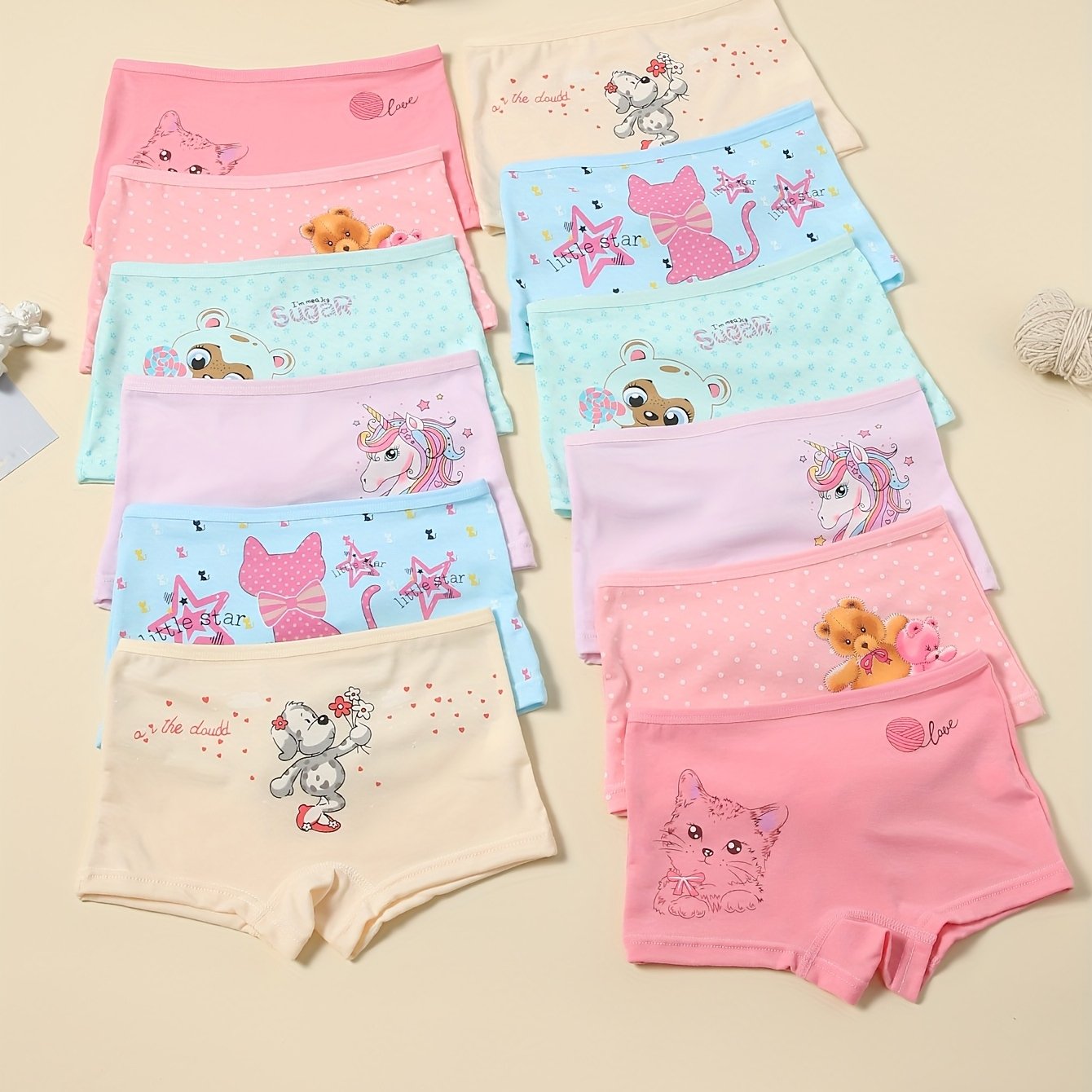 12pcs Mixed Color Comfortable Soft Cute Cartoon Pattern Girls' Underpants