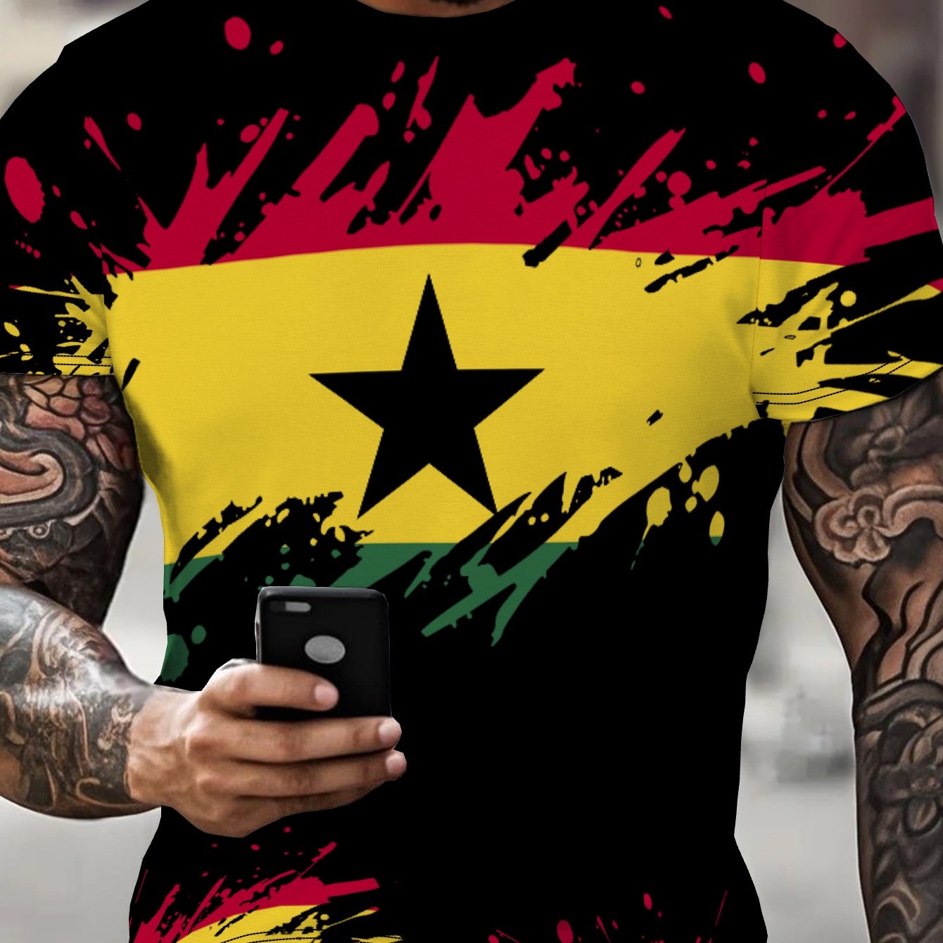 TEMU Printed Design â Not Textured//sequined/flat Print T-shirt, No Accessories/white With Sheer, Men's Ghana Flag Graphic T-shirt - Red, Yellow,