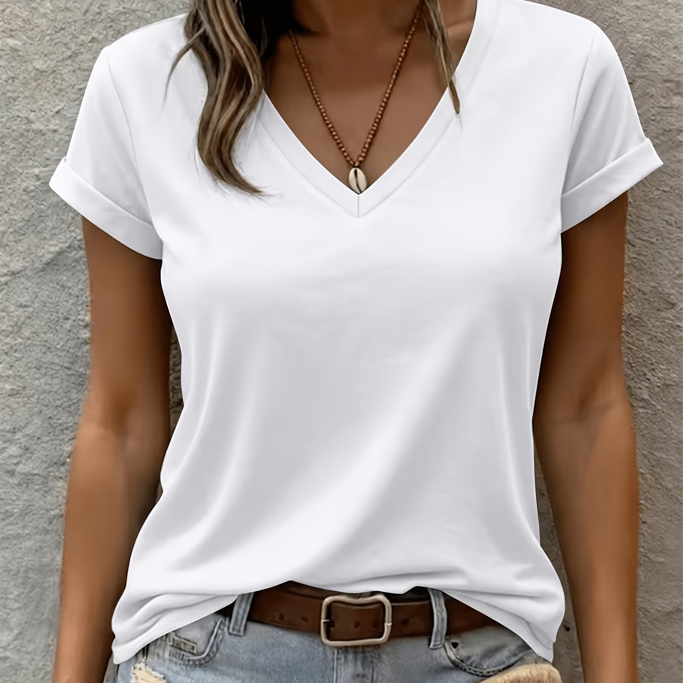 TEMU Camiseta de mujer de color liso con cuello en V y manga corta, top casual de ajuste holgado