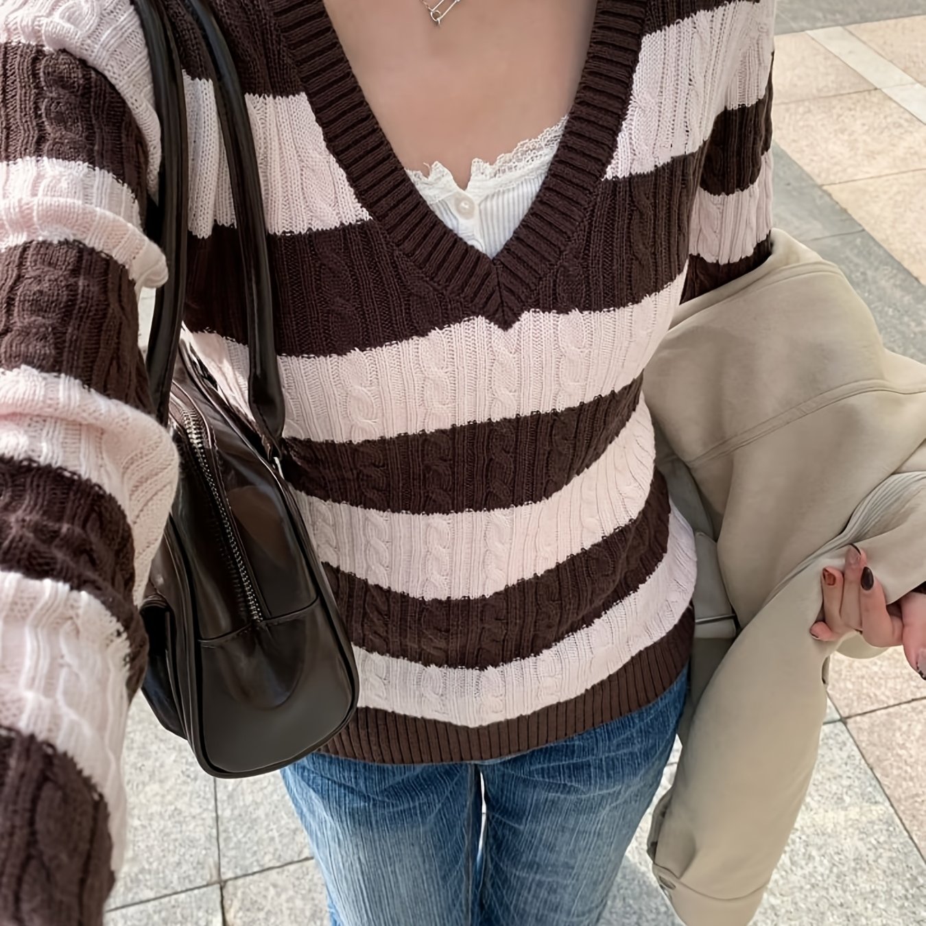 TEMU Gestreepte roze en koffiekleurige stoffen damesmode pullover met lange mouwen en ronde hals, streetwear Y2K vintage elegante casual dagelijkse