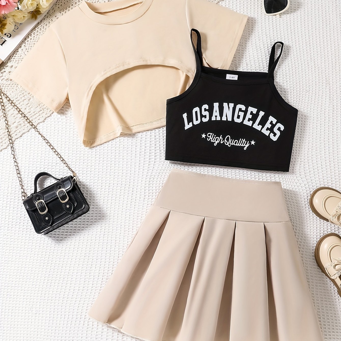 Image of Girls' & Cool Style 3pcs Set: Cropped Tunic, Letter Print Camisole, And Pleated Skirt - Stylish And Fashionable Outfit For Kids' ,christmas,halloween