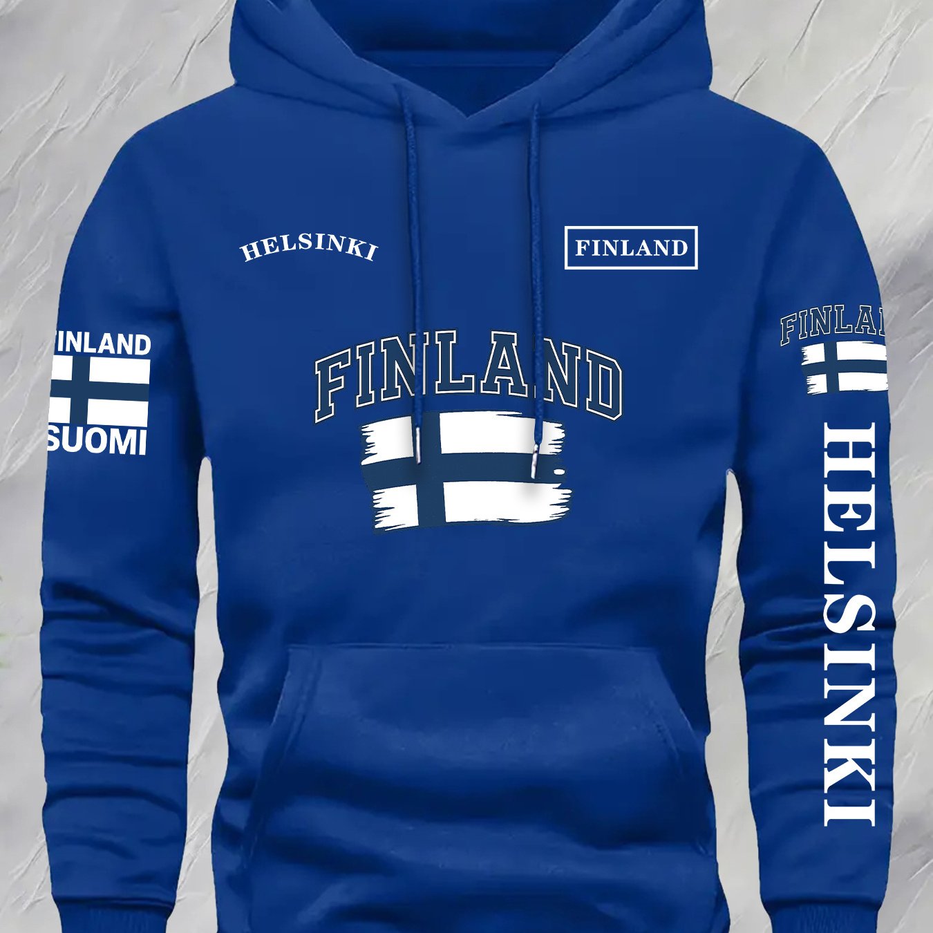 TEMU Kourrter Men's Finland Flag Graphic Hoodie - 100% Polyester Geometric Print Pullover With Pockets, Machine Washable Casual Winter Sweatshirt For