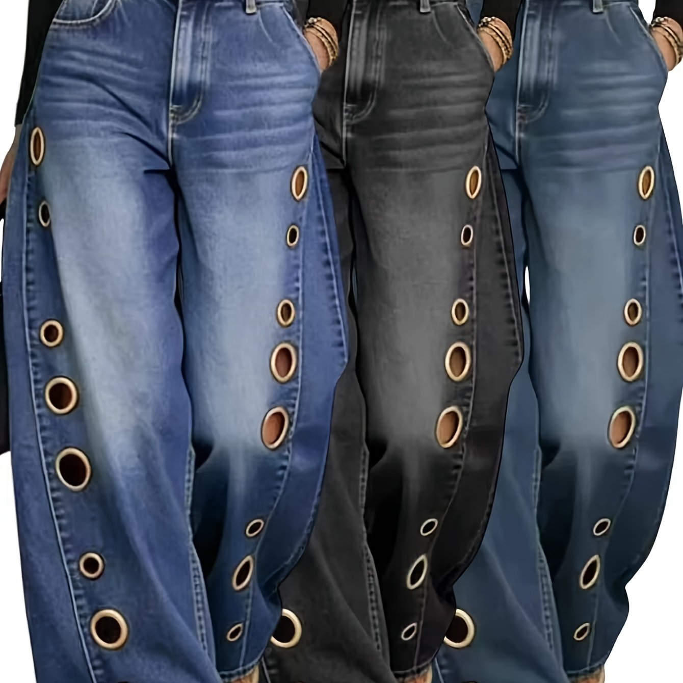 TEMU Women's 2026 Ss New Wide Leg Jeans, Metal Grommet Detail High Waist Denim Pants, Solid Color Washed Loose Trousers, Versatile