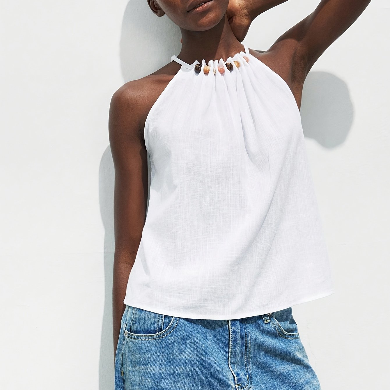 TEMU Women's Handmade Beaded Pastoral Style Top, Solid Color Ruched Cami Vest, Suitable For And Beachwear, Romantic And Fashionable, Versatile And