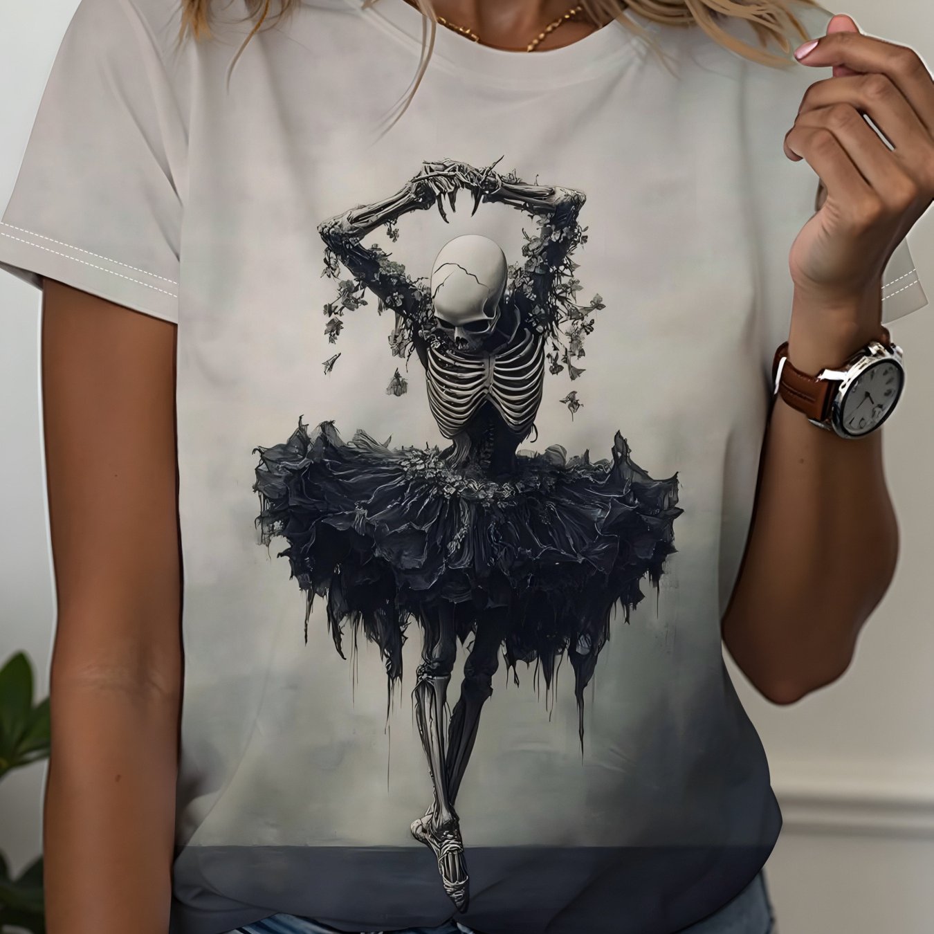 TEMU Women's Gothic Skull Ballerina T-shirt - Dark Gothic Short Sleeve Top With Non-textured Print, Suitable For Spring Summer Fall Wear, Comfortable