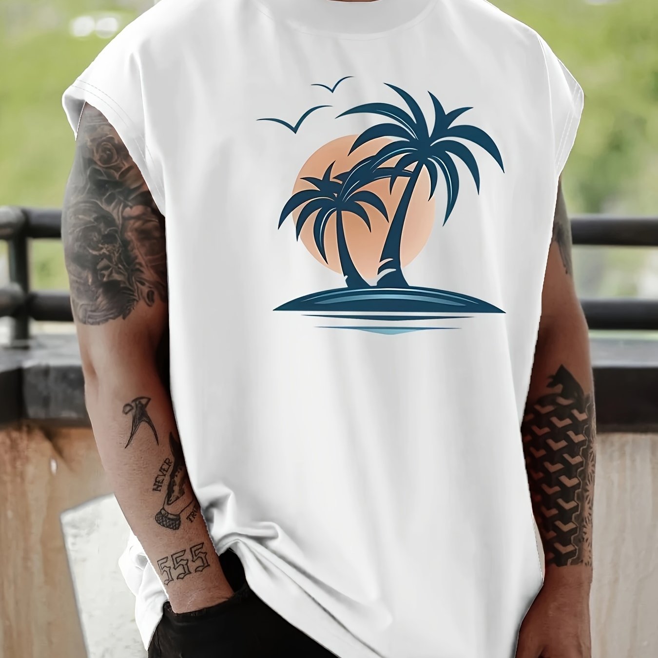 TEMU Chaleco sin moderno de hombros anchos para hombre, estampado con diseño de palmeras, adecuado para /verano, vacaciones, conjunto de , top para