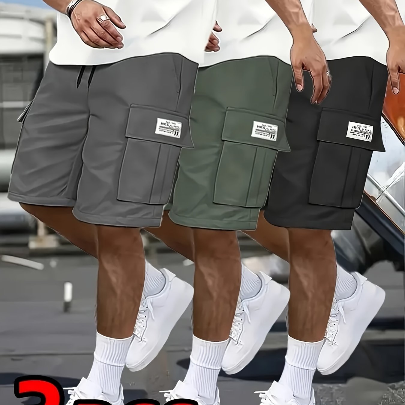 TEMU 3-pack Men's Cargo Shorts Bundle - Heavy-duty Fabric, 6+ Utility Pockets, Adjustable Waist | Workout, Hiking & , Summer