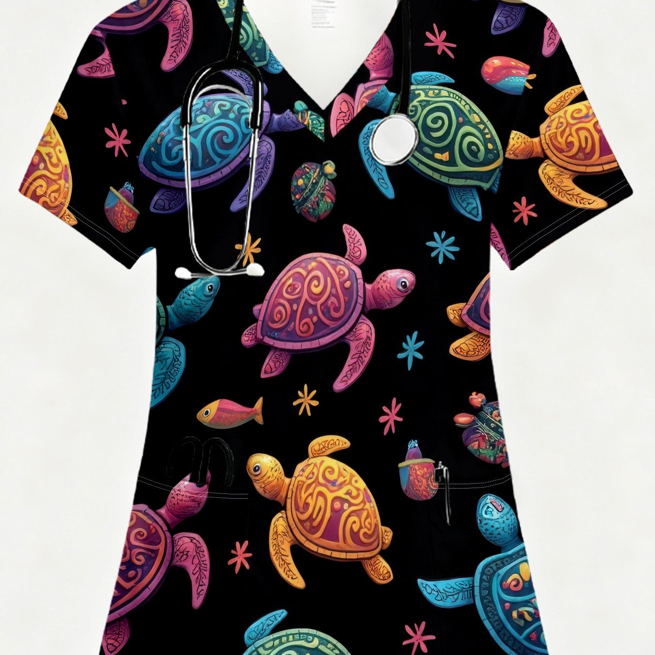 TEMU Elegant Short-sleeved Uniform For Women, Featuring A Stylish V-neck Top And Colorful Turtle Decoration Patterns. High-quality, Clear Printed