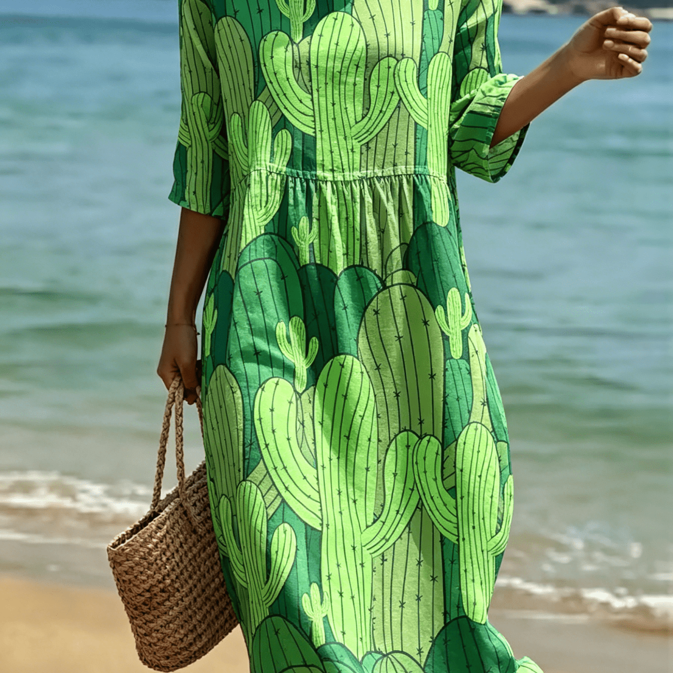 Image of 2026 New Women's Dress Cactus Print Vacation Round Neck Summer Dress Suitable For Beach Vacations Summer Carnivals Everyday Wear And Weekend Machine Washable