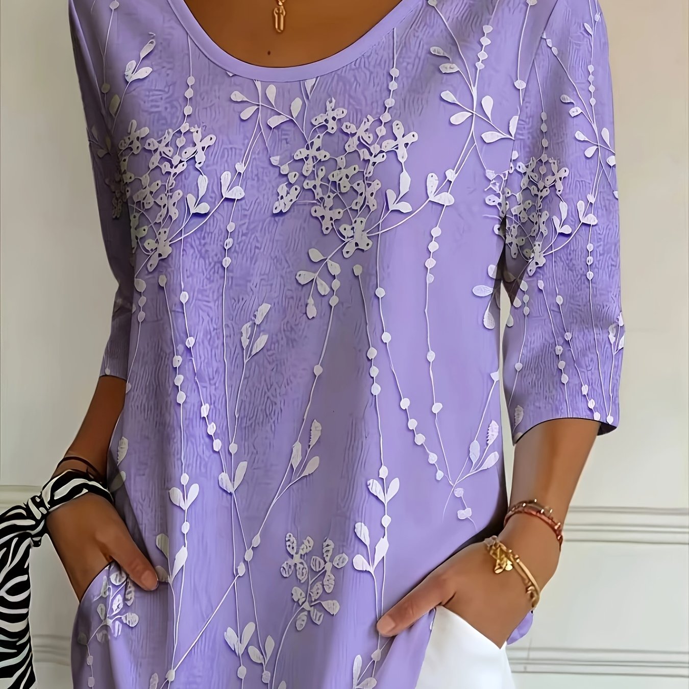 TEMU [printed Design - Non-textured] Women's Elegant Purple Floral Print Shirt, Fashionable V-neck 3/4 Sleeve T-shirt Top, Stretchy Fabric, Soft
