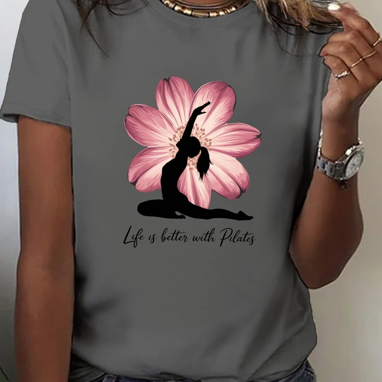 TEMU Women' T-shirt - Reformers & Exercises, Medium-stretch - Neck Short Sleeve Top For Instructors, & Casual Attire - - Casual Tee