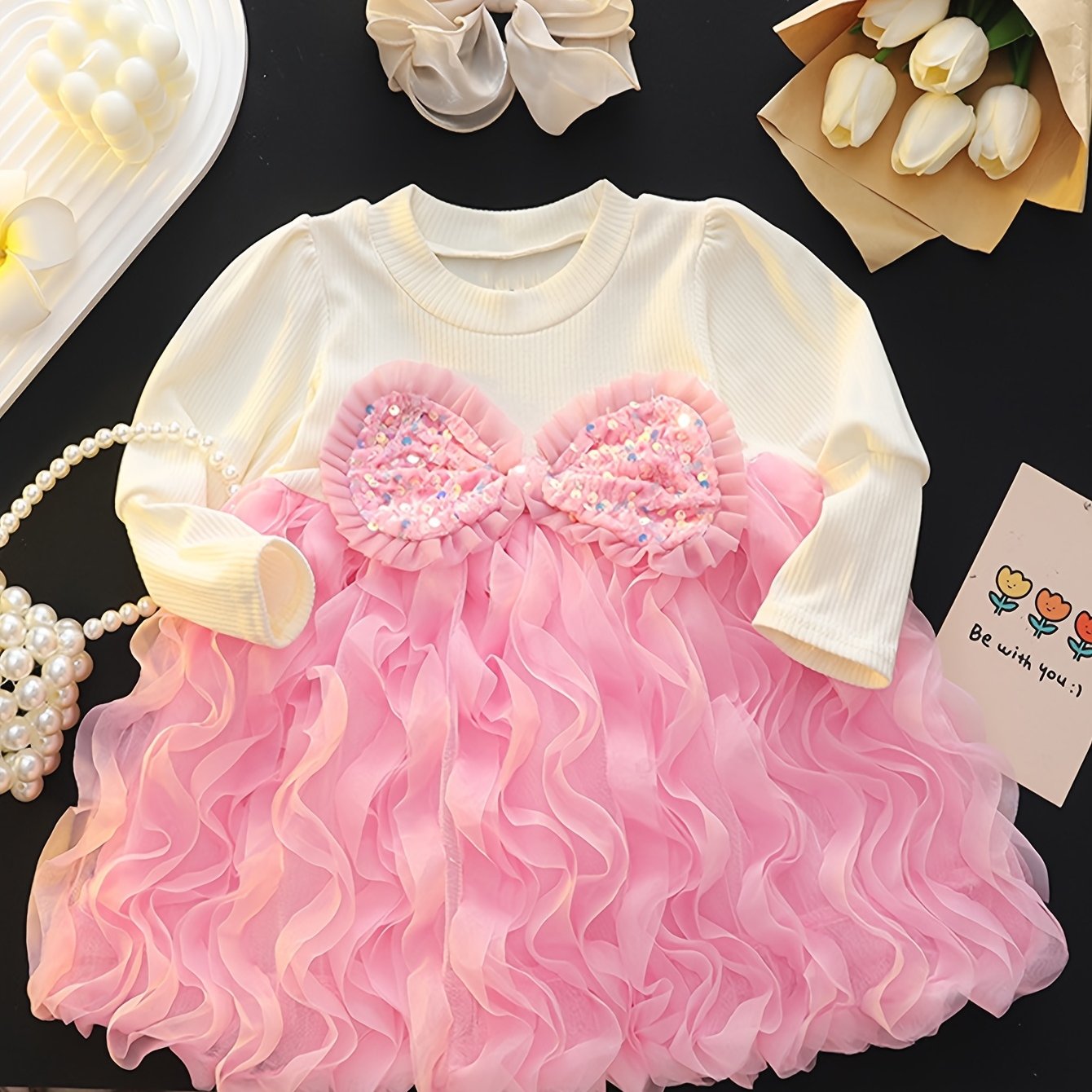 E-shop Herbst/Winter Mädchen Feines Glitzer Schleifenverziertes Spliced Mesh Prinzessinnenkleid, Niedliches Ballett Tutu für Kleine Mädchen