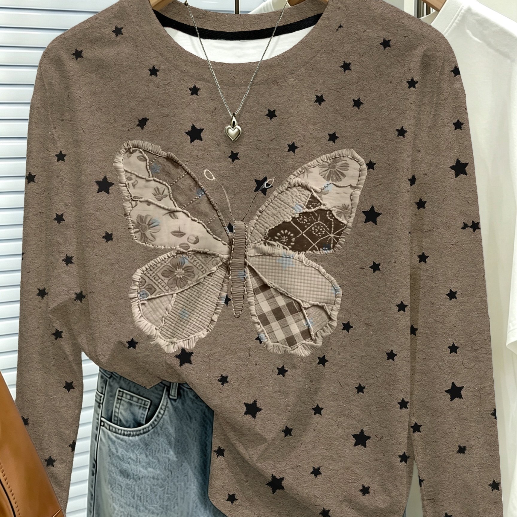TEMU [printed Design - No Texture] Women's Round Neck Long Sleeve T-shirt, Retro And Black Casual Top, Soft Vintage Pullover, Suitable For Daily