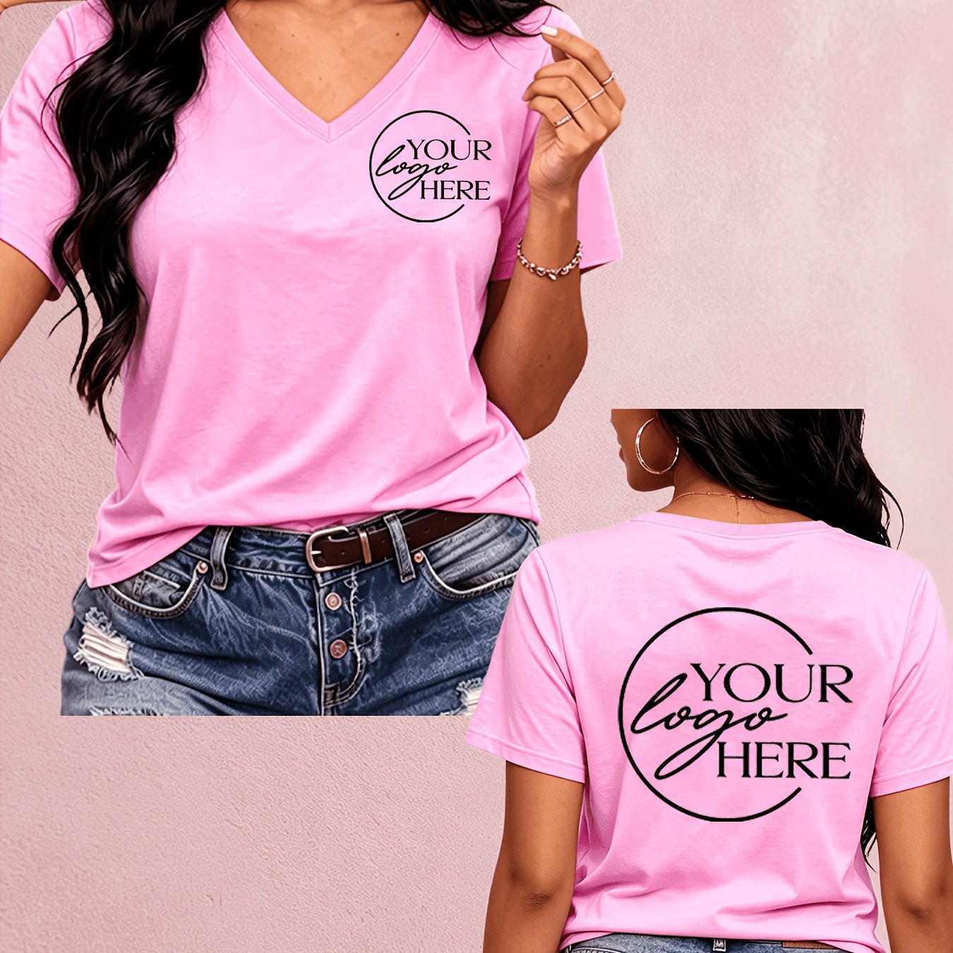 TEMU Custom Printed V-neck Short-sleeve Women's T-shirt, Street Fashion Casual Top, Trendy And Versatile Style, Custom Printing On Front And Back