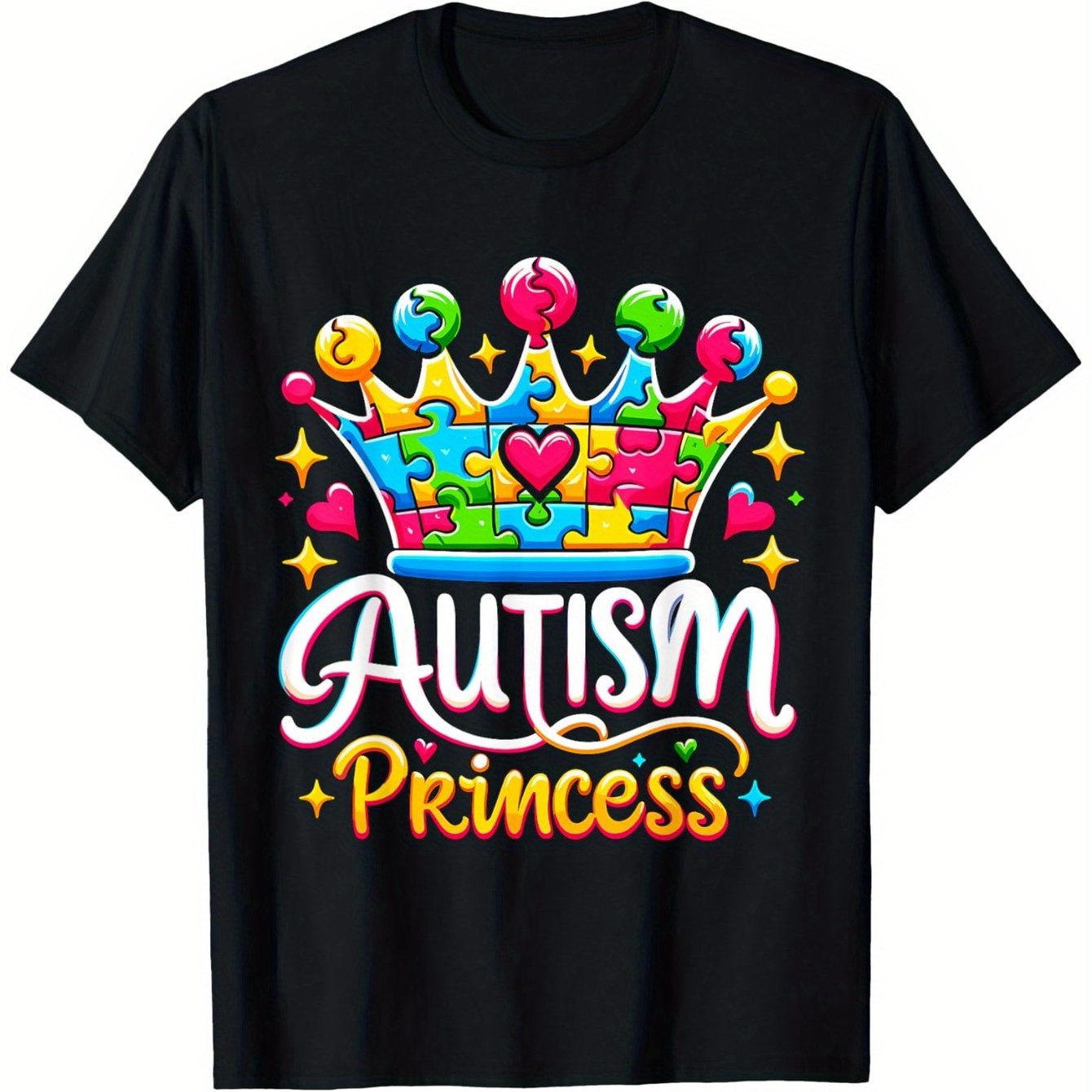 TEMU Autism Princess ' T-shirt - Soft Cotton, Breathable Short Sleeve Tee With Colorful Crown & Puzzle Piece Design For Boys And Girls, Autism Awareness Fashion Top