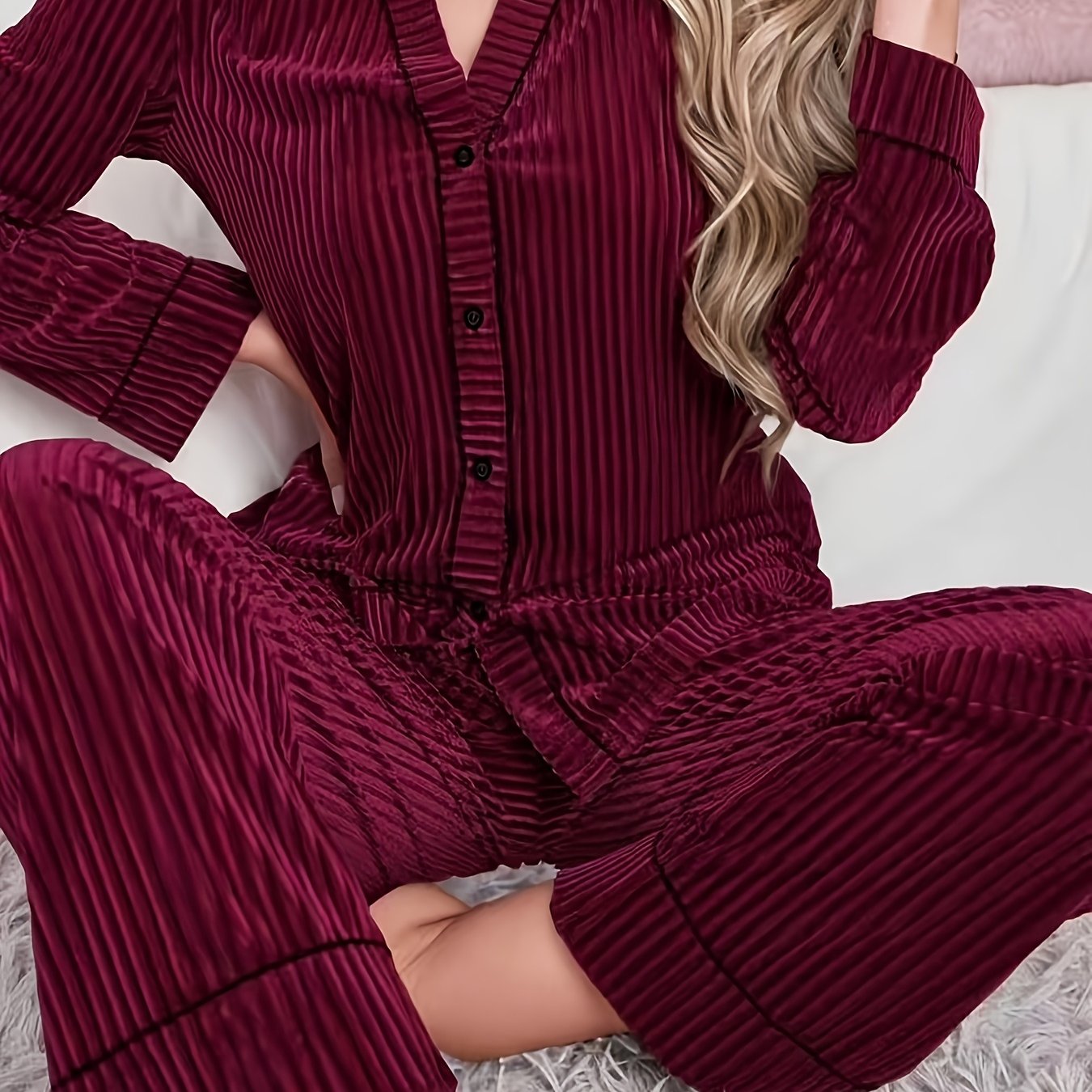E-shop 25AW Home Trend - Damen Leichter Luxus Rippenfarbblock Court-Stil Loungewear, V-Ausschnitt Knopfcardigan mit Langarm Hose, Glattes Gewebe,