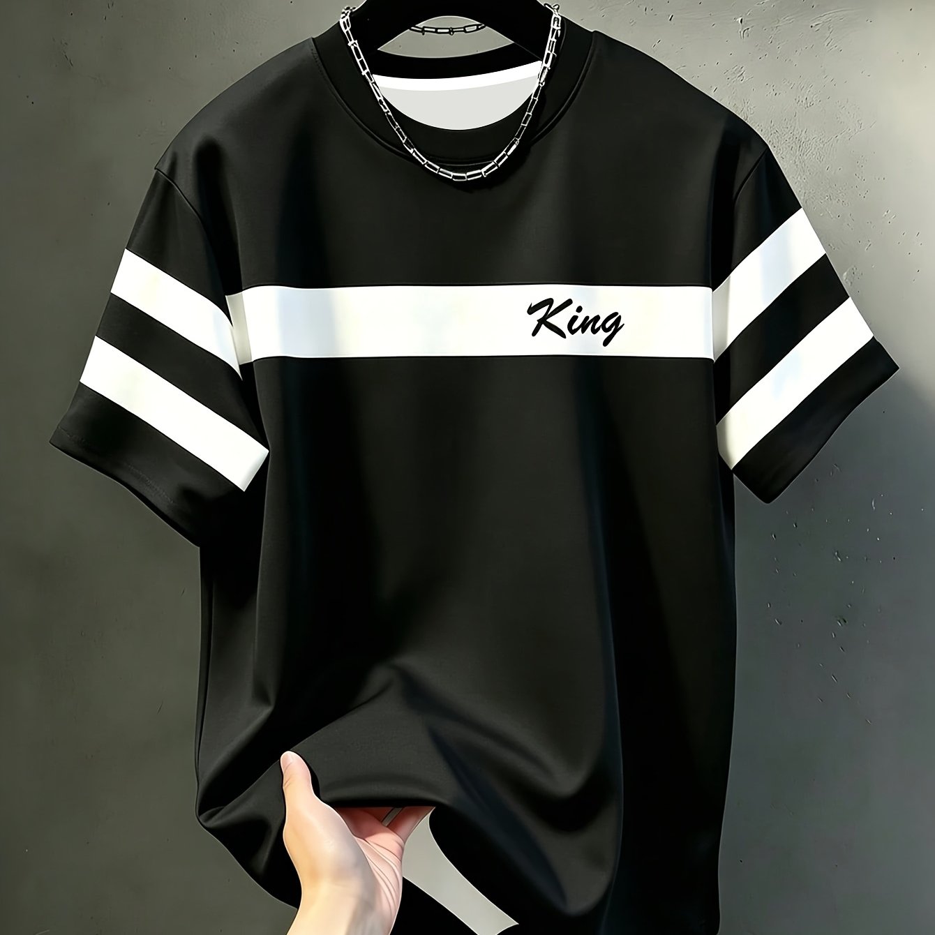 TEMU Men's Casual Round Neck T-shirt, Contrast Color , "king" Pattern, Drapey Fashion Top, Wear, Breathable Regular Fit For Casual And Formal Outfits