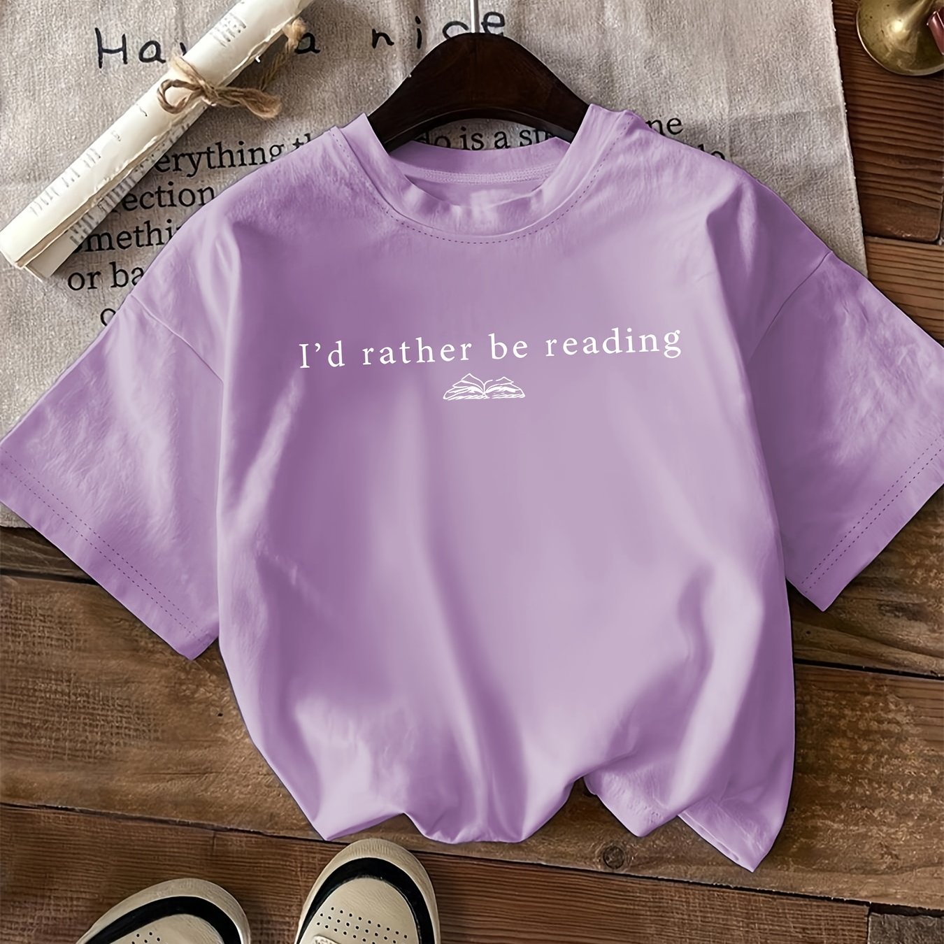 TEMU Women's "i'd Rather Be Reading" Book Print Blouse Top - Breathable Round Neck Short Sleeve Shirt, Machine Washable Suitable For , Casual