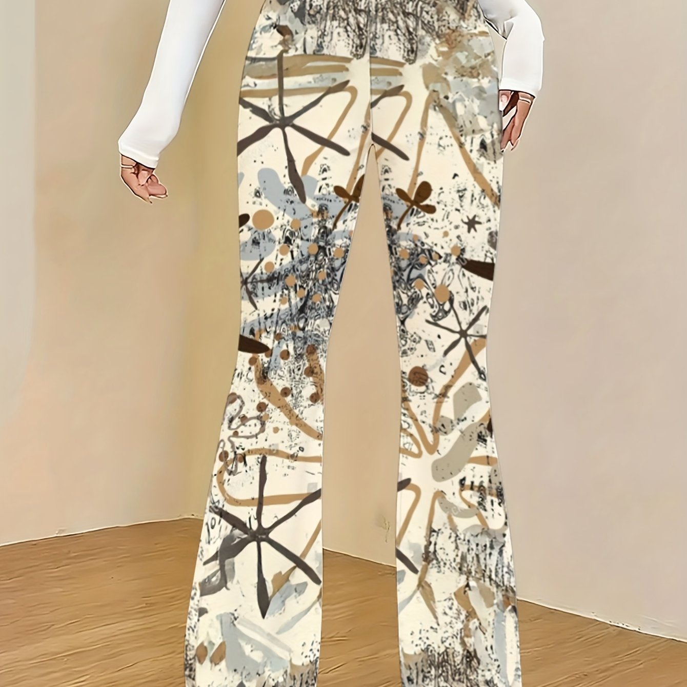 TEMU New Style - Women's Trendy Personalized Flared Pants, Fitted Design That The Figure, Full Of ! Featuring Abstract Prints, Stretchy And Durable