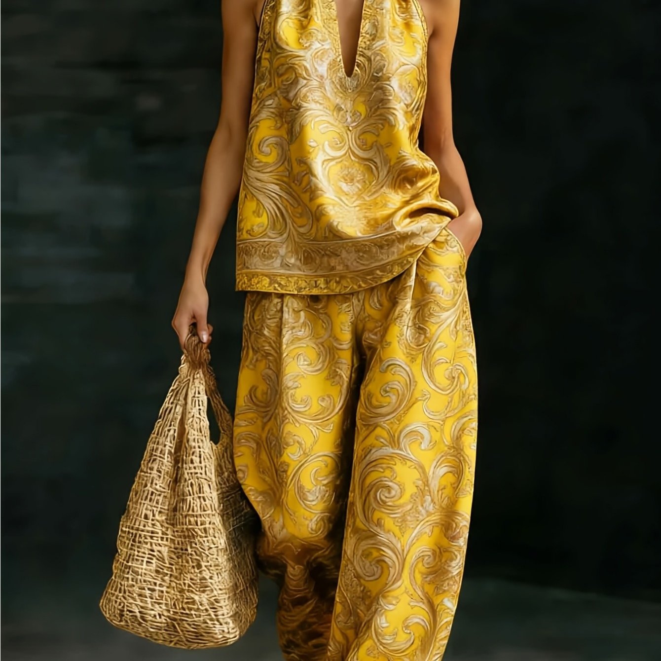Image of Women's Elegant Two-piece Set: Spring Summer V-neck Sleeveless Top And Wide-leg Pants, Retro Yellow Bohemian Pattern Print, Machine Washable, Retro Vacation Wedding Outfit, Bohemian Casual Ensemble