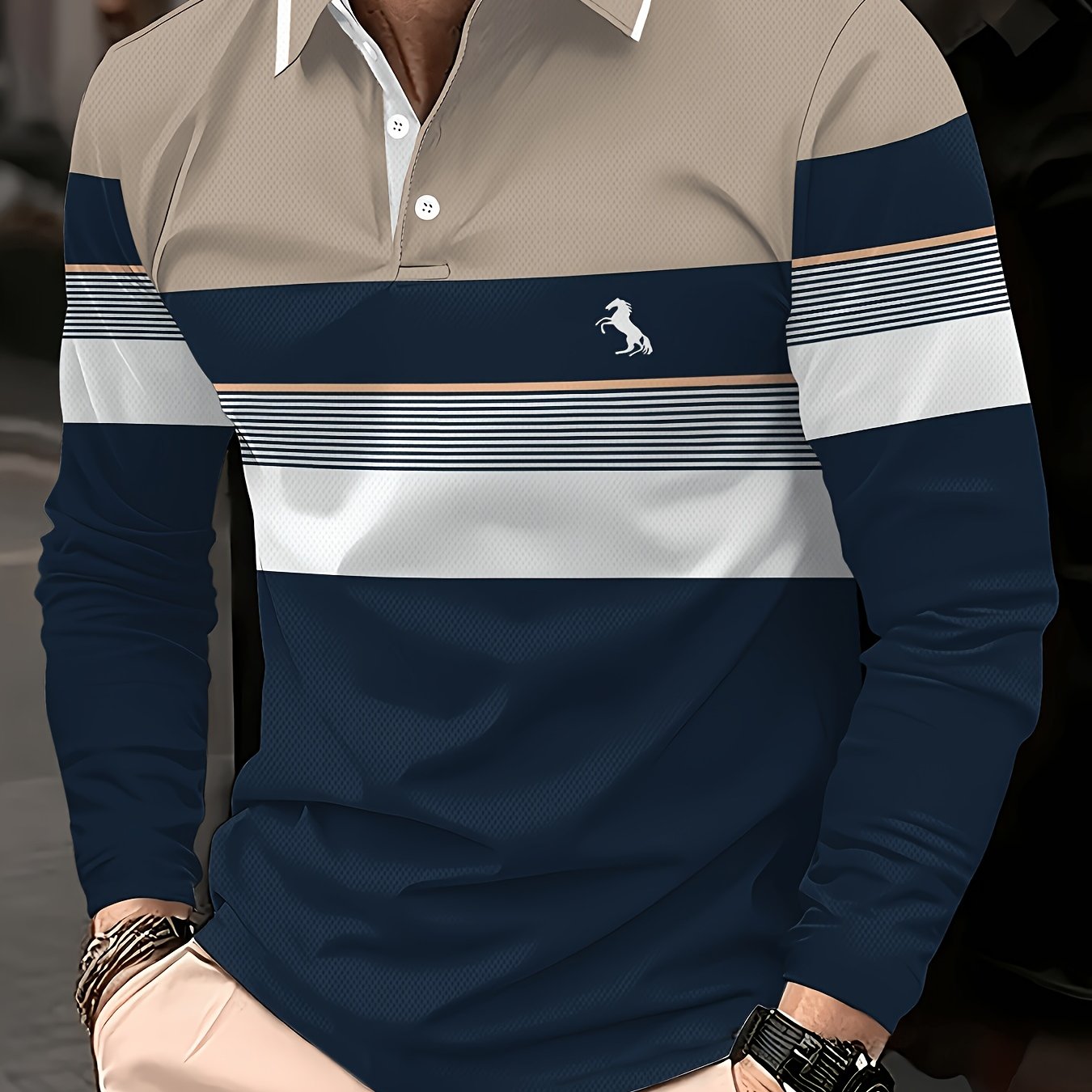 TEMU Men's Casual Long Sleeve Shirt Beige Color Block Stripe Pattern Slim Fit Collared T Shirt For Daily Wear Office Business Casual Outfit Fashion